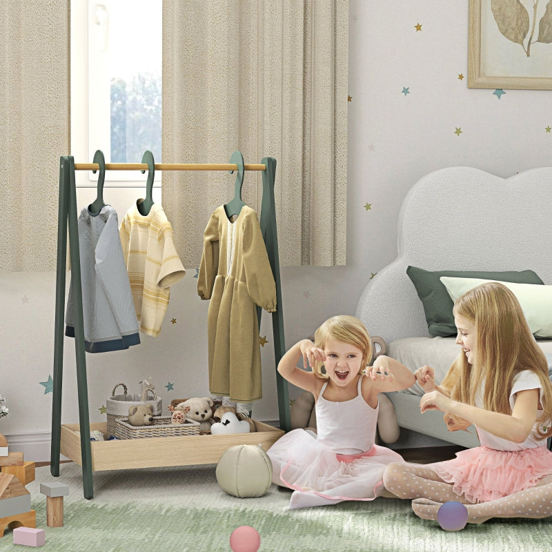 Kids Clothes Rail, 3 Hangers Bottom Storage Shelf, Green