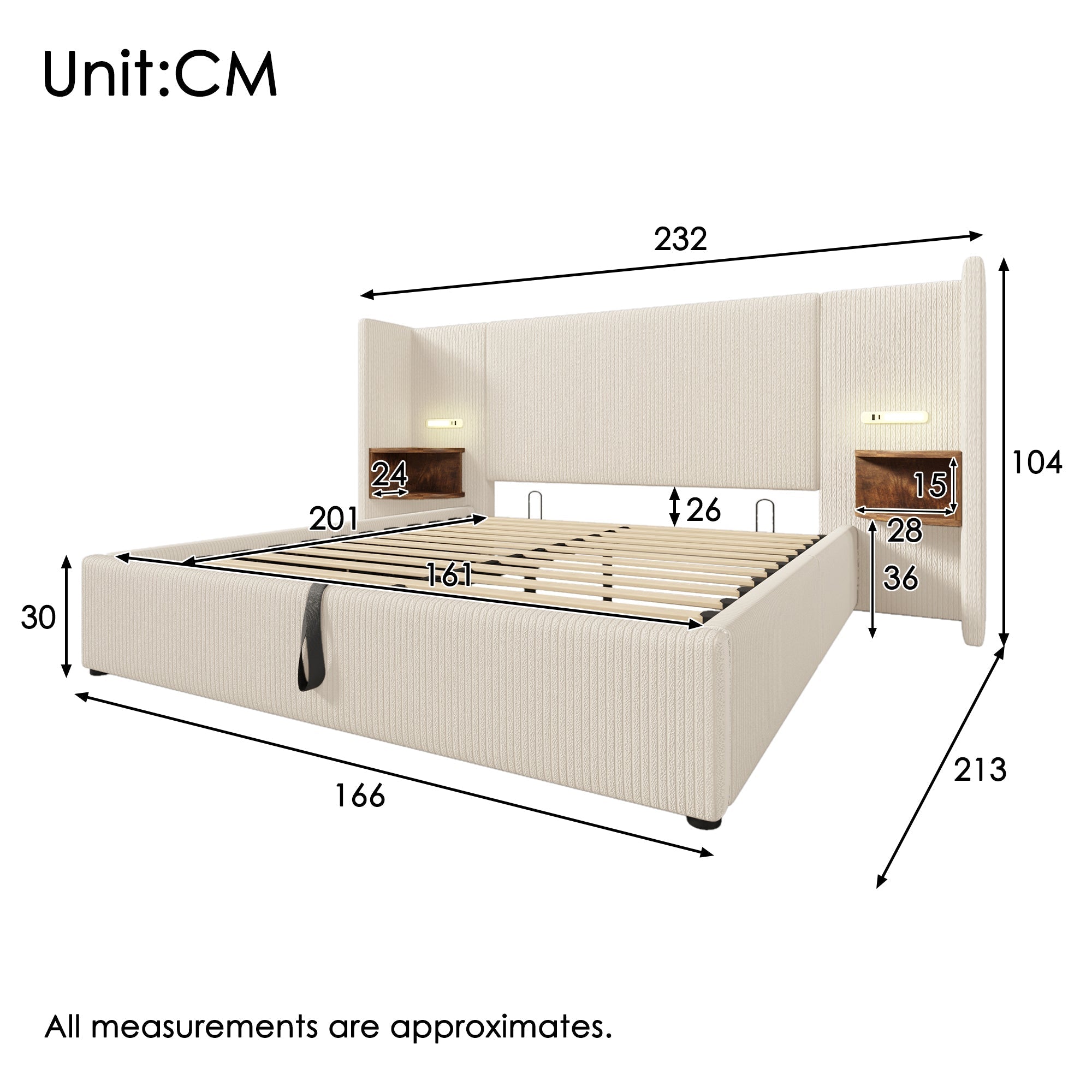 Upholstered Bed, 160x200, Storage, Lamp, USB-C, Beige-White Corduroy