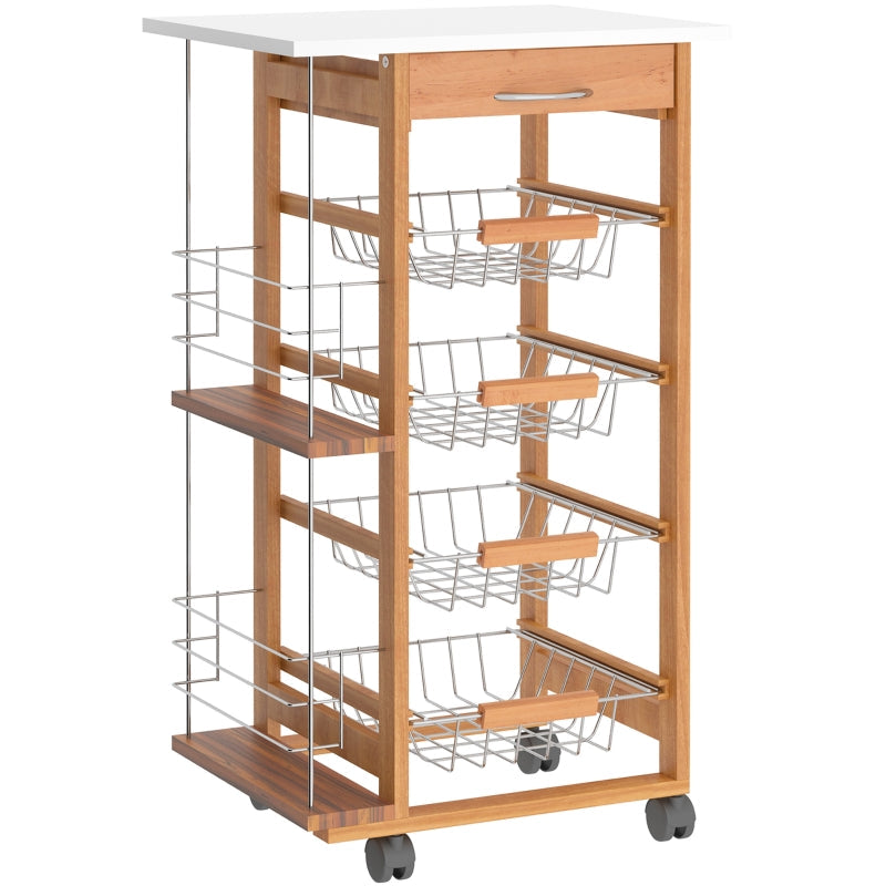 Rolling Kitchen Cart, 4 Basket Drawers Side Racks Wheels, Brown