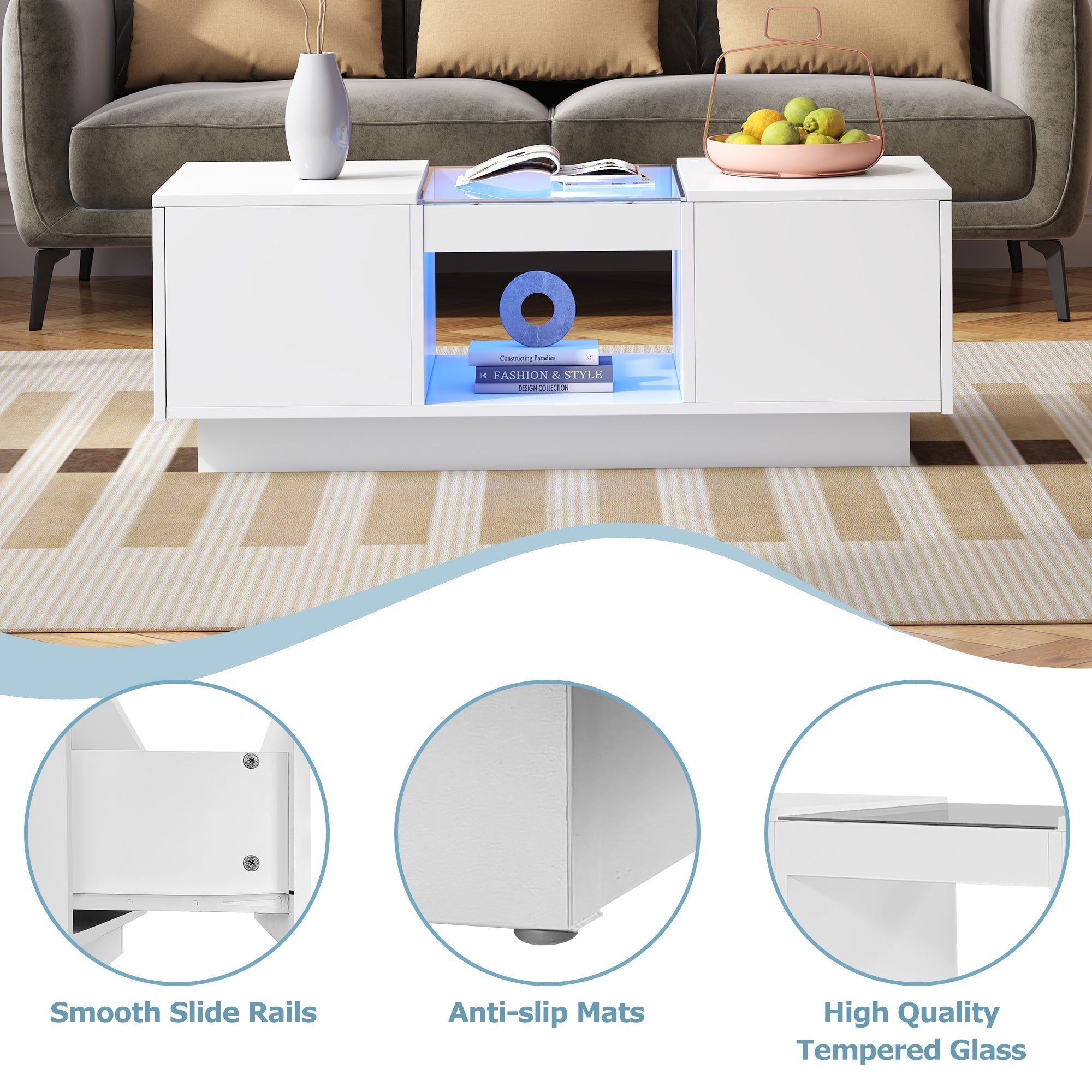 White Coffee Table with Glass Panel, LED Lighting, 2 Drawers, and 1 Open Compartment