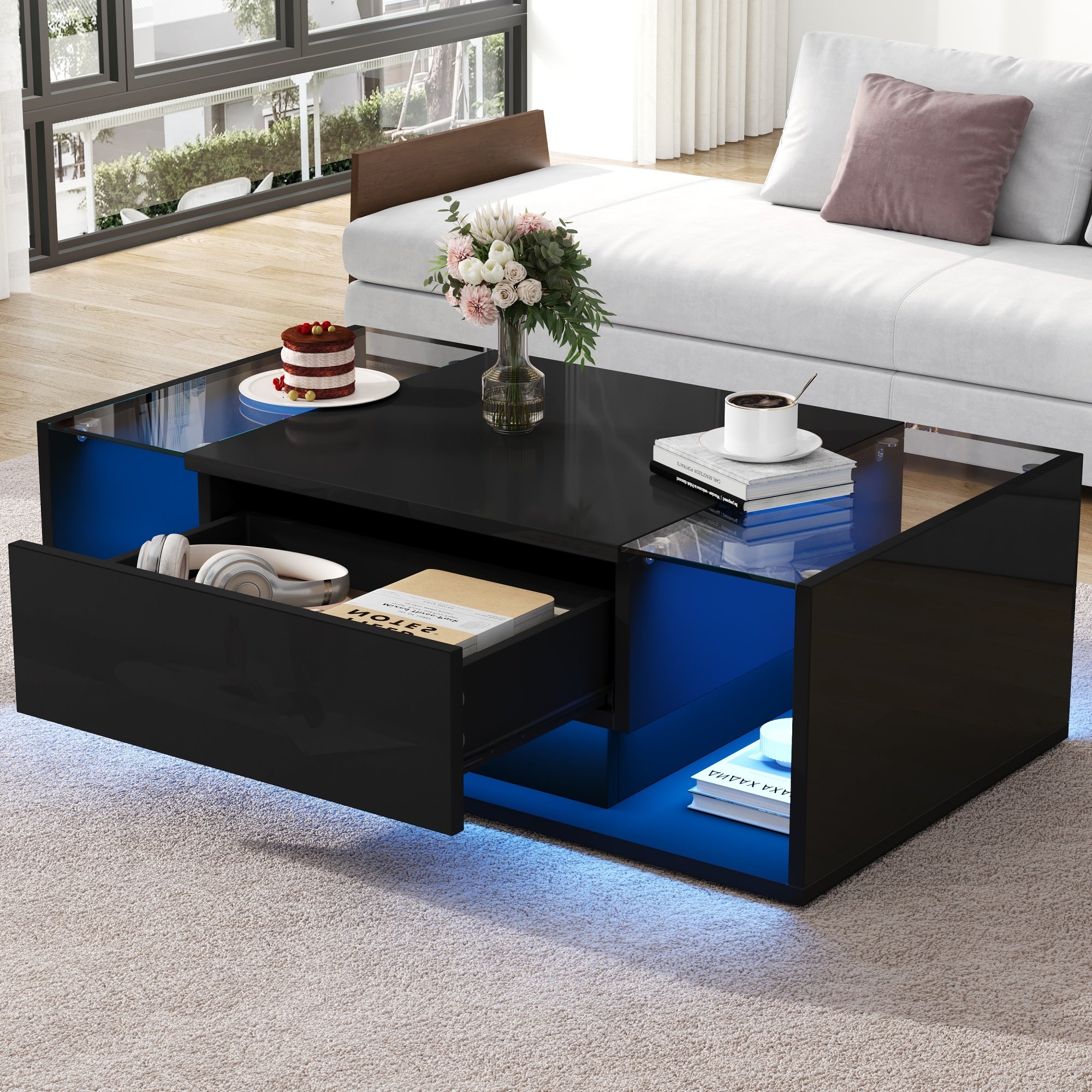 Coffee Table 100x50x31cm Drawer LED Light Tempered Glass, High-Gloss Black