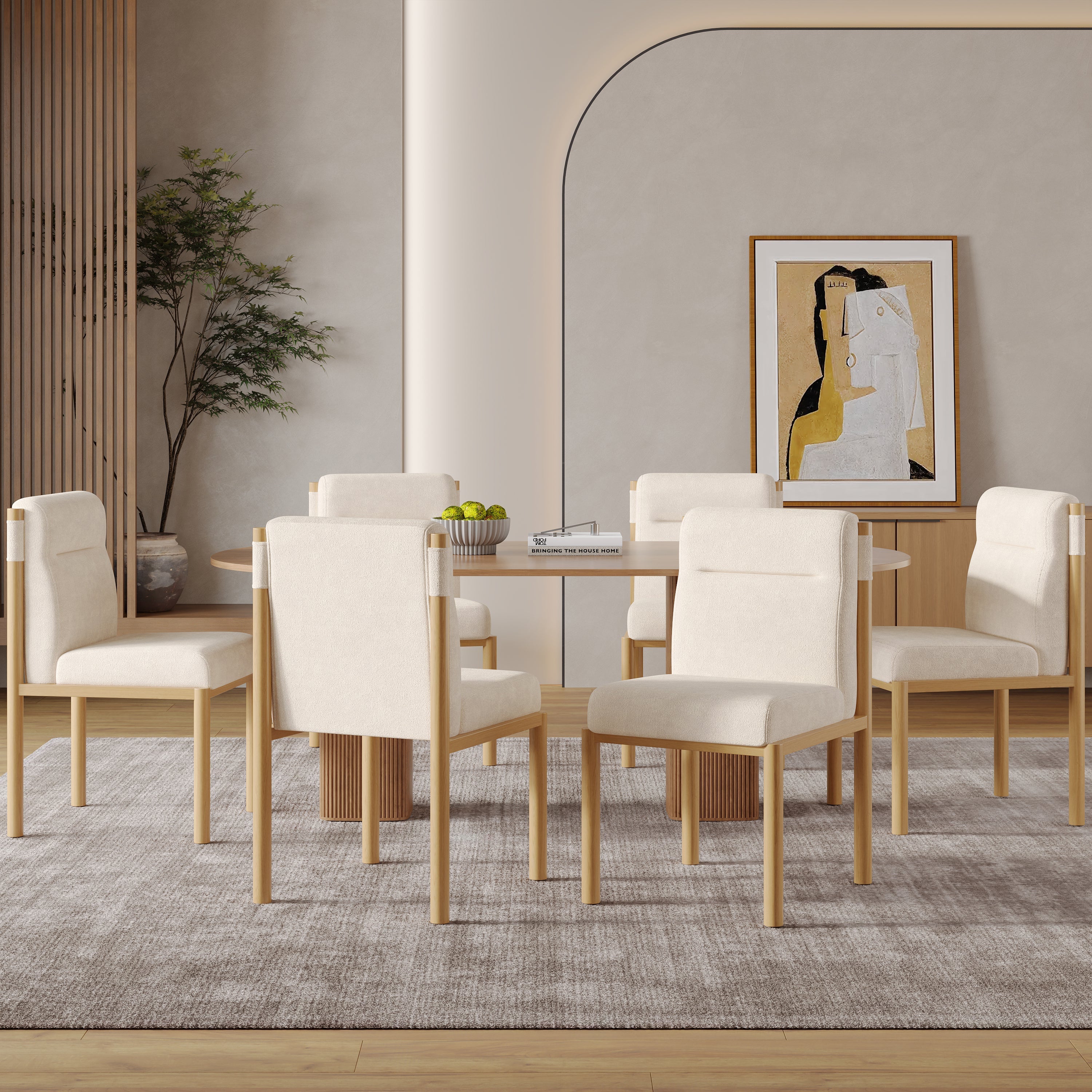 Dining Chairs Set of 6 Modern Oak-Effect Frame Padded Seat - Sherpa Fabric Beige