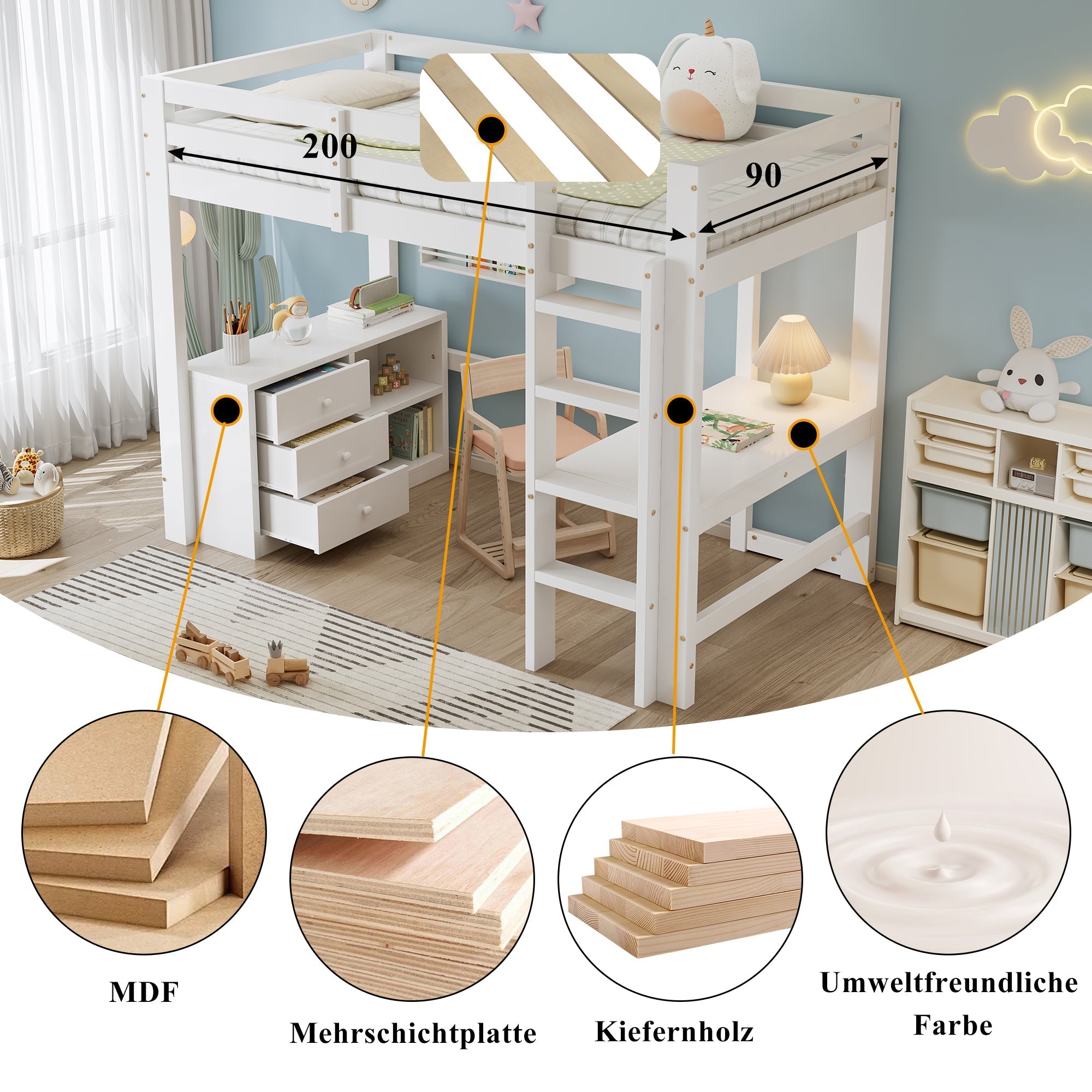 Children's Loft Bed Desk Storage Ladder, White Pine + MDF