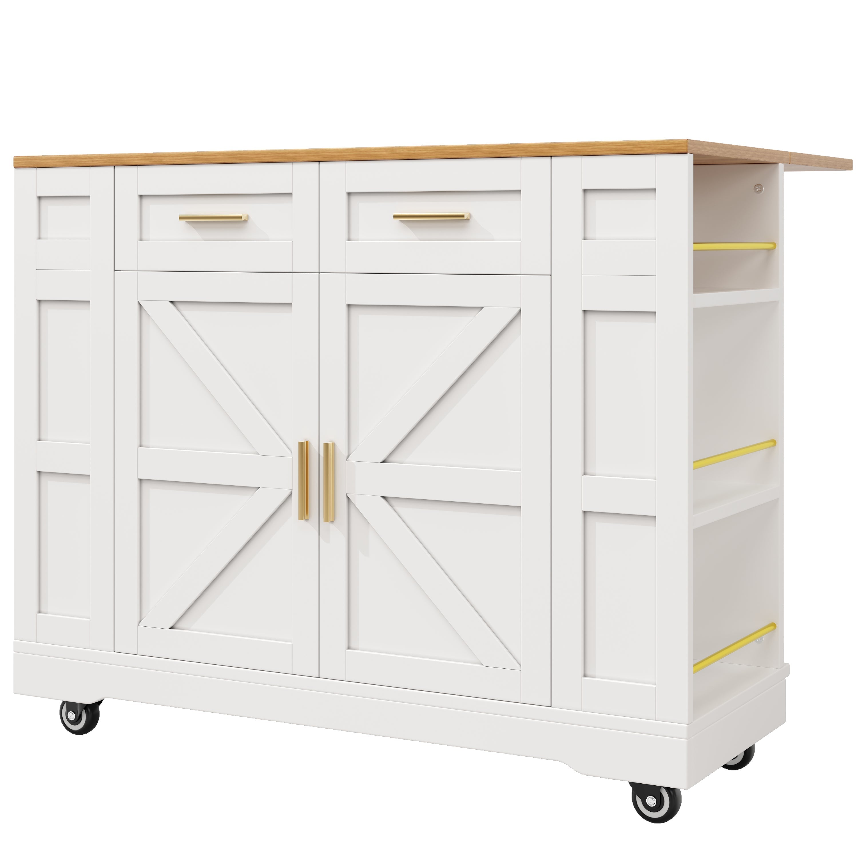 Kitchen Island Extendable Dining Table Storage Wood Grain - White