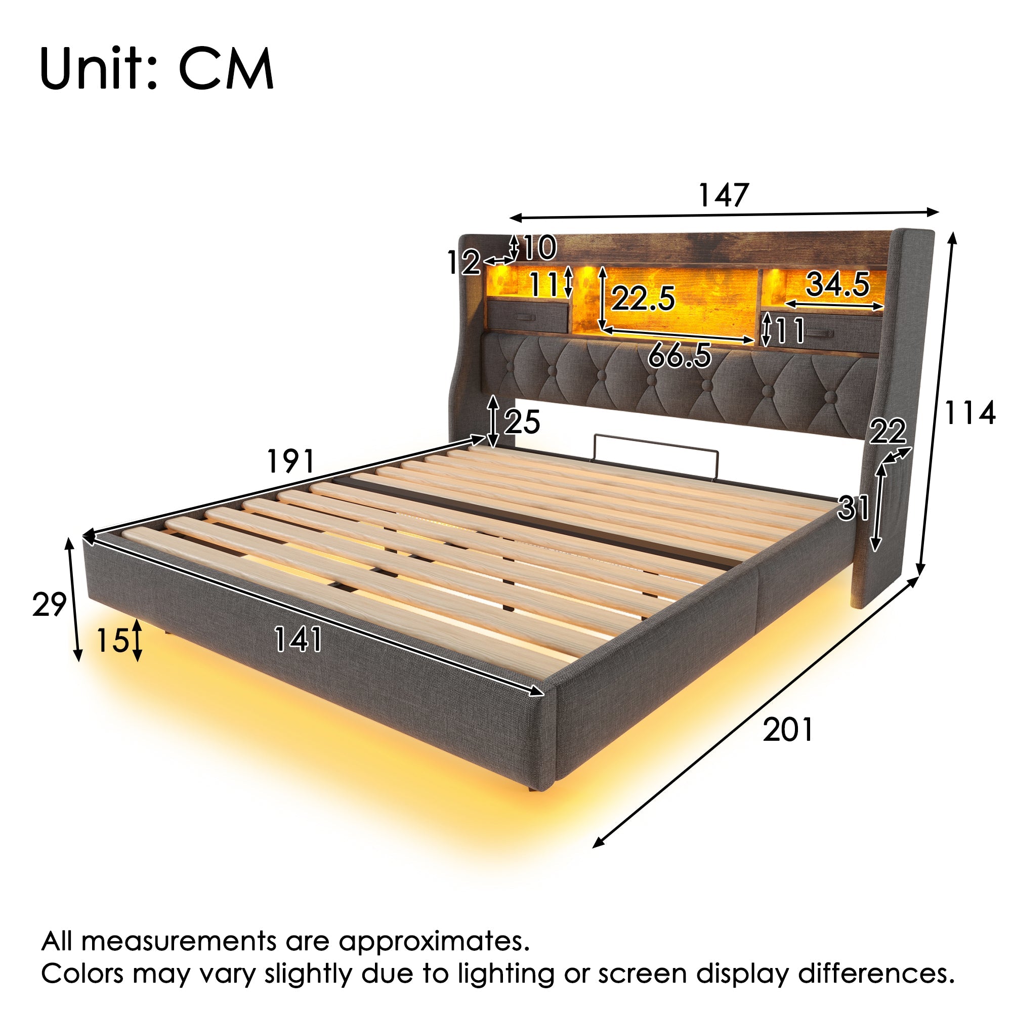 Floating Upholstered Bed with LED and Charging Station, 140x190cm, Grey Linen