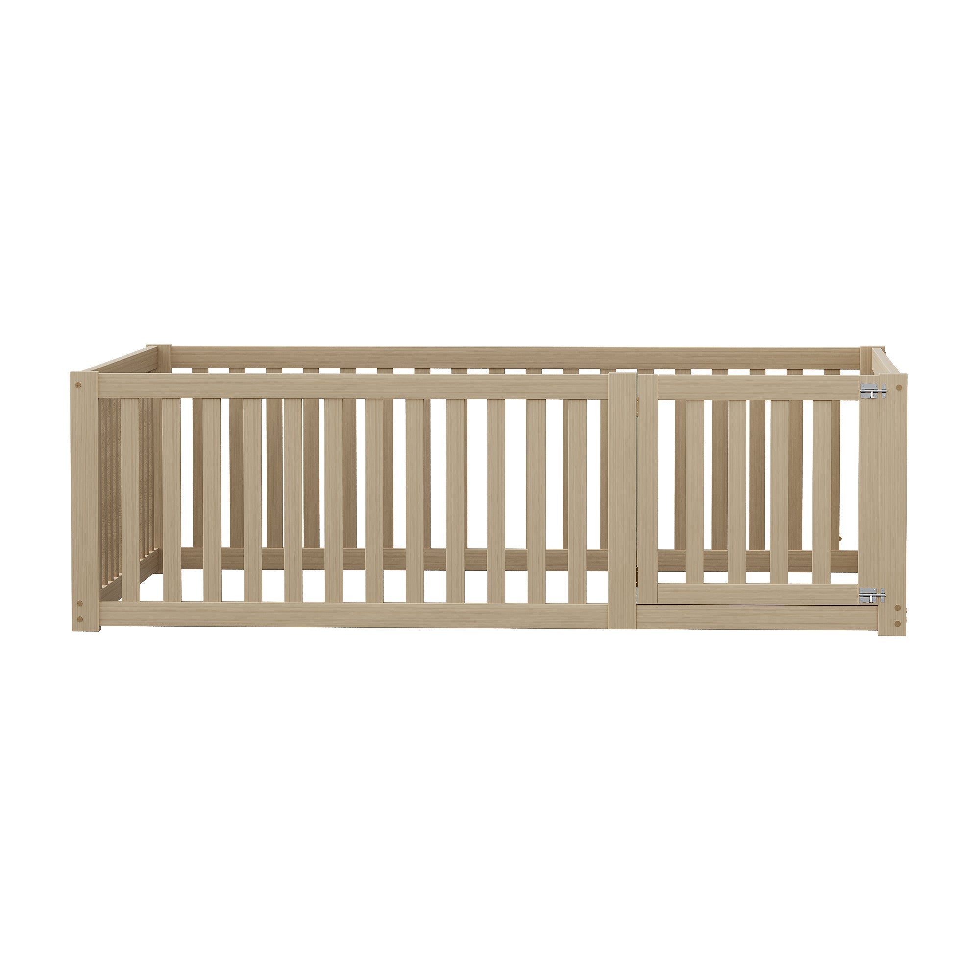 Children's bed 140x200 wooden floor bed frame with fence and door, wood color