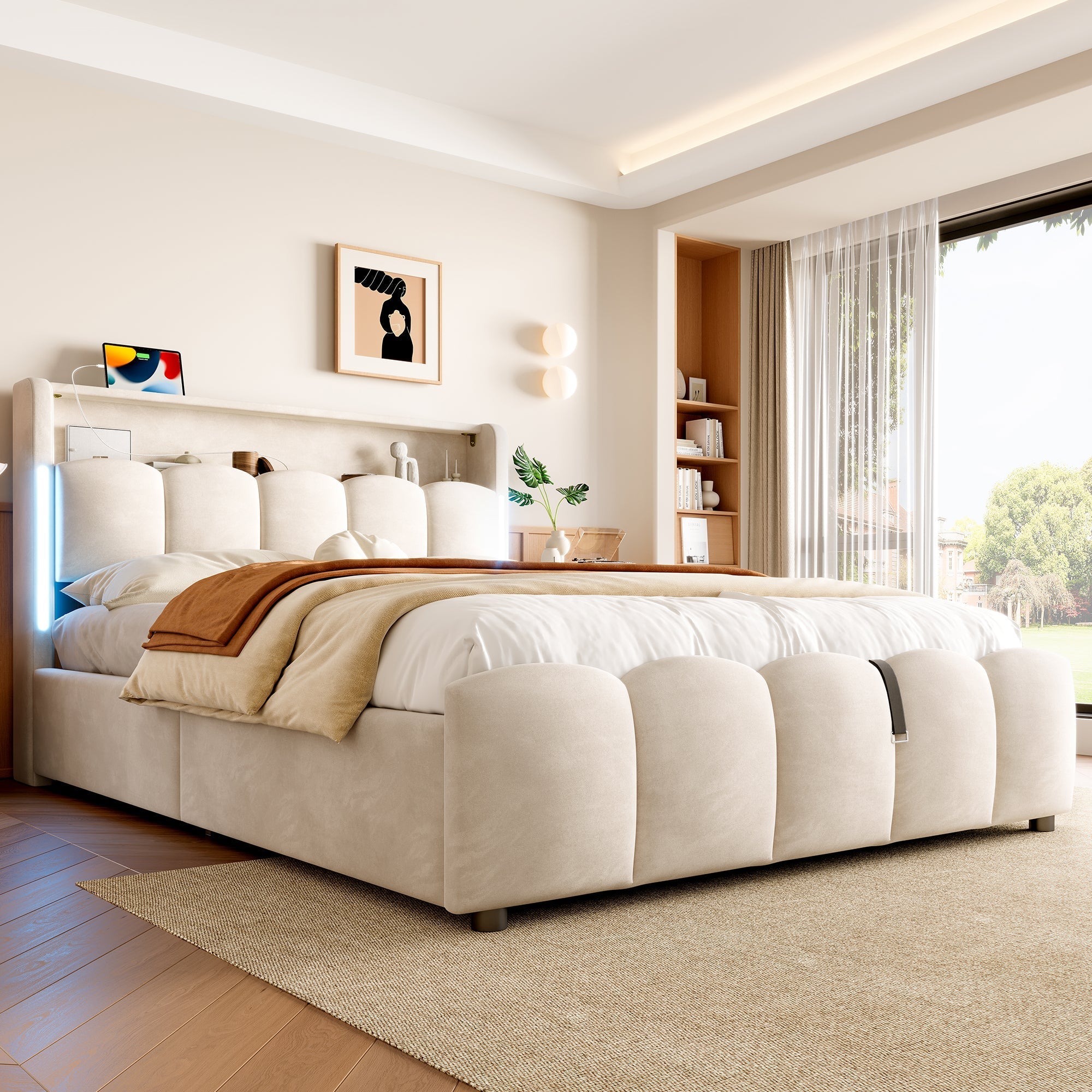 Upholstered Bed 140x200cm Hydraulic Storage LED Headboard USB/Type-C Ports - Beige Velvet