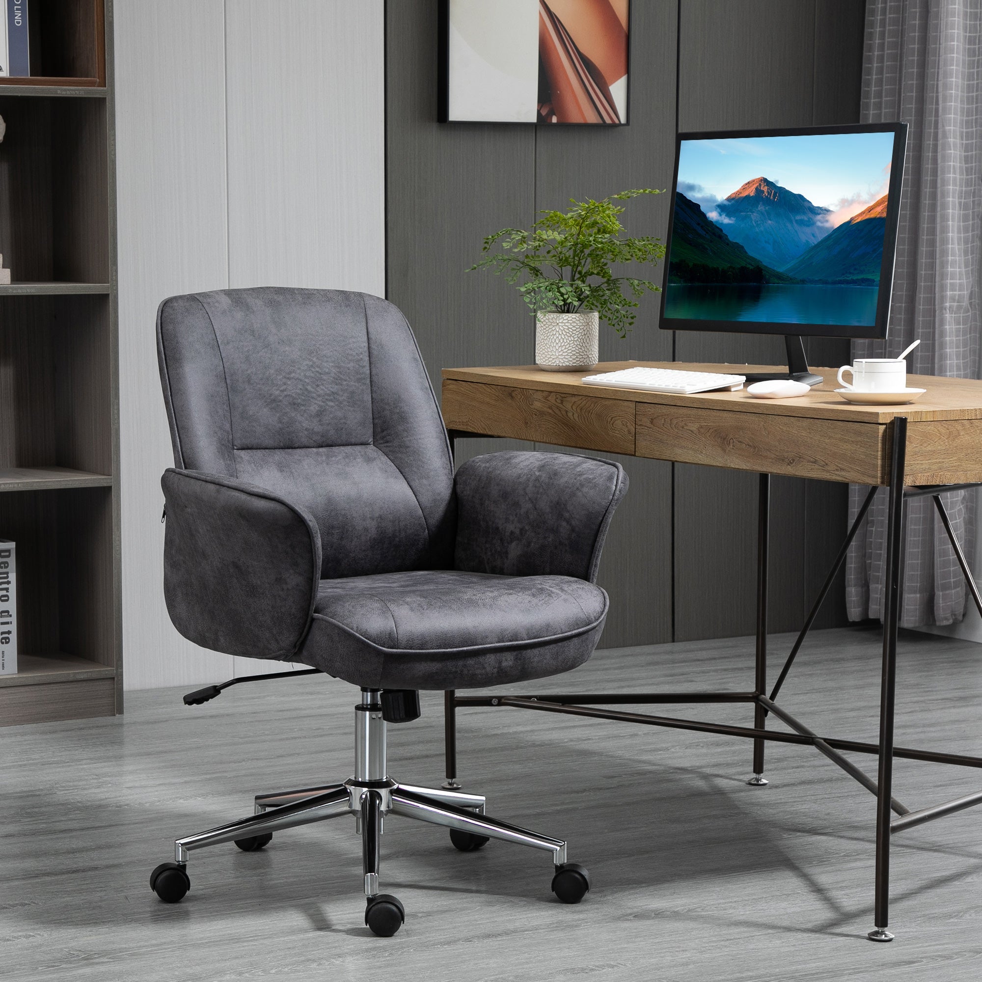 Swivel Computer Office Chair Mid Back Desk Home Study Microfiber Charcoal Grey