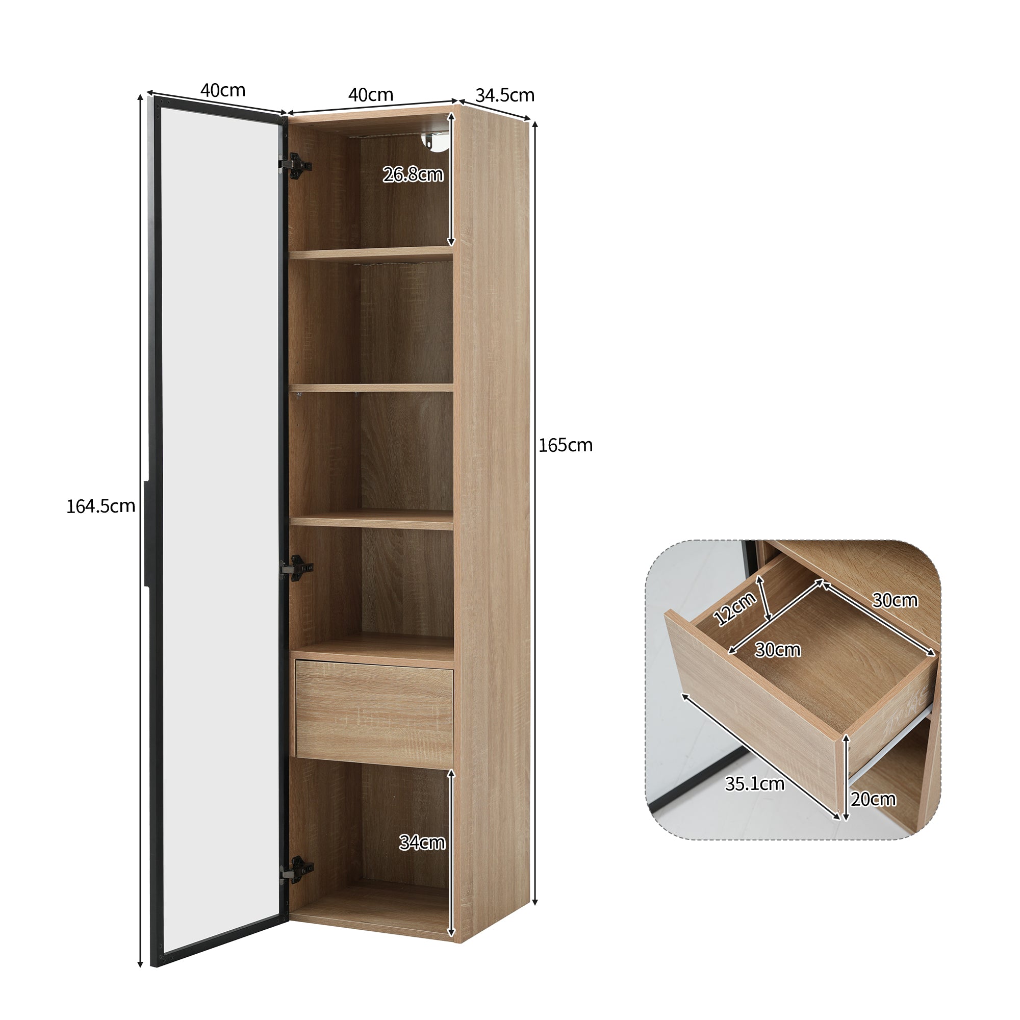 Bathroom Cabinet, Medium 40cm Light Strip 1 Drawer 1 Glass Door