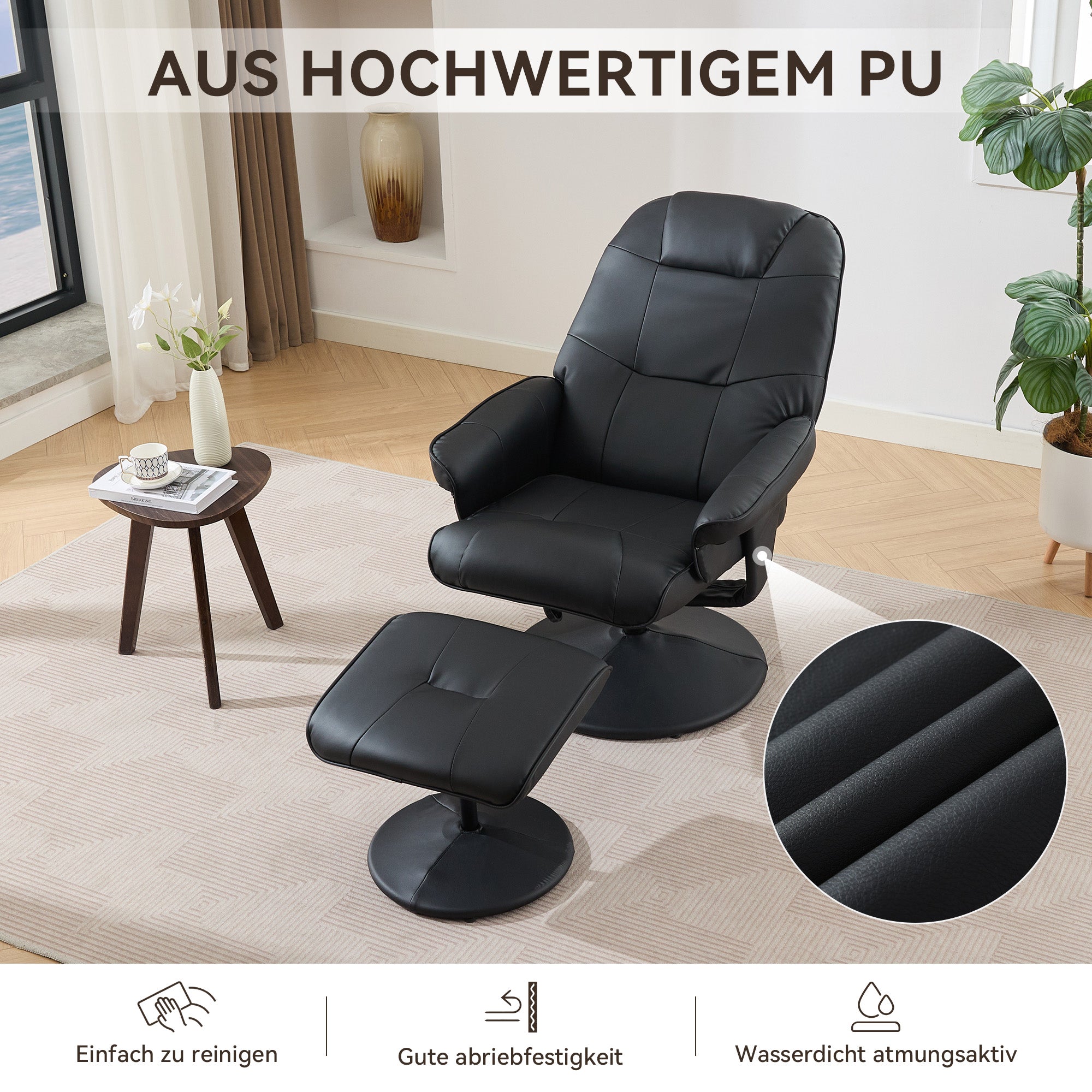 Massage Chair: Reclining, Heating & Stool, 360° Rotation, Black PU Fabric