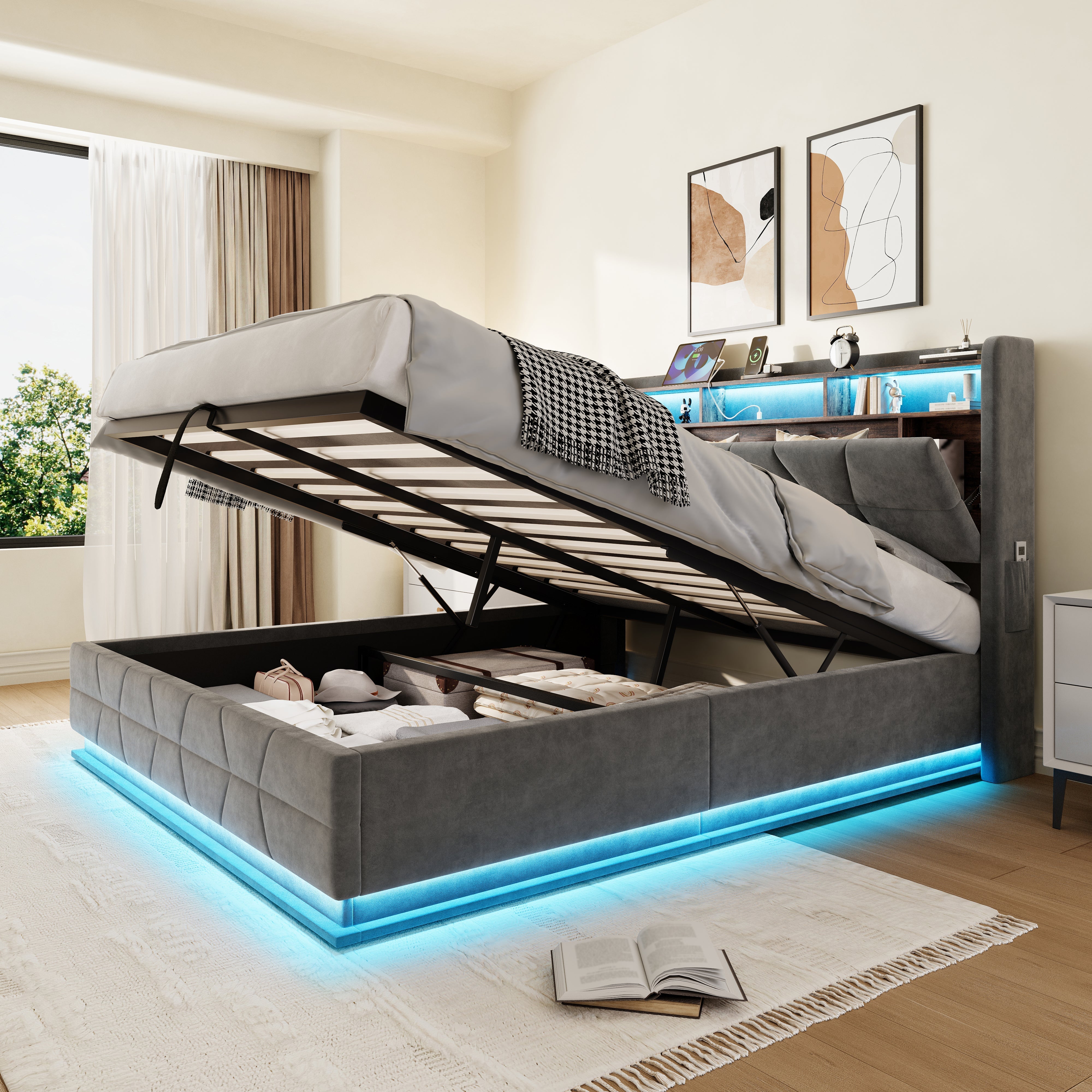 Multifunctional Bed with LED Lighting, Storage Headboard and USB Charging, 160x200cm Dark Grey Velvet