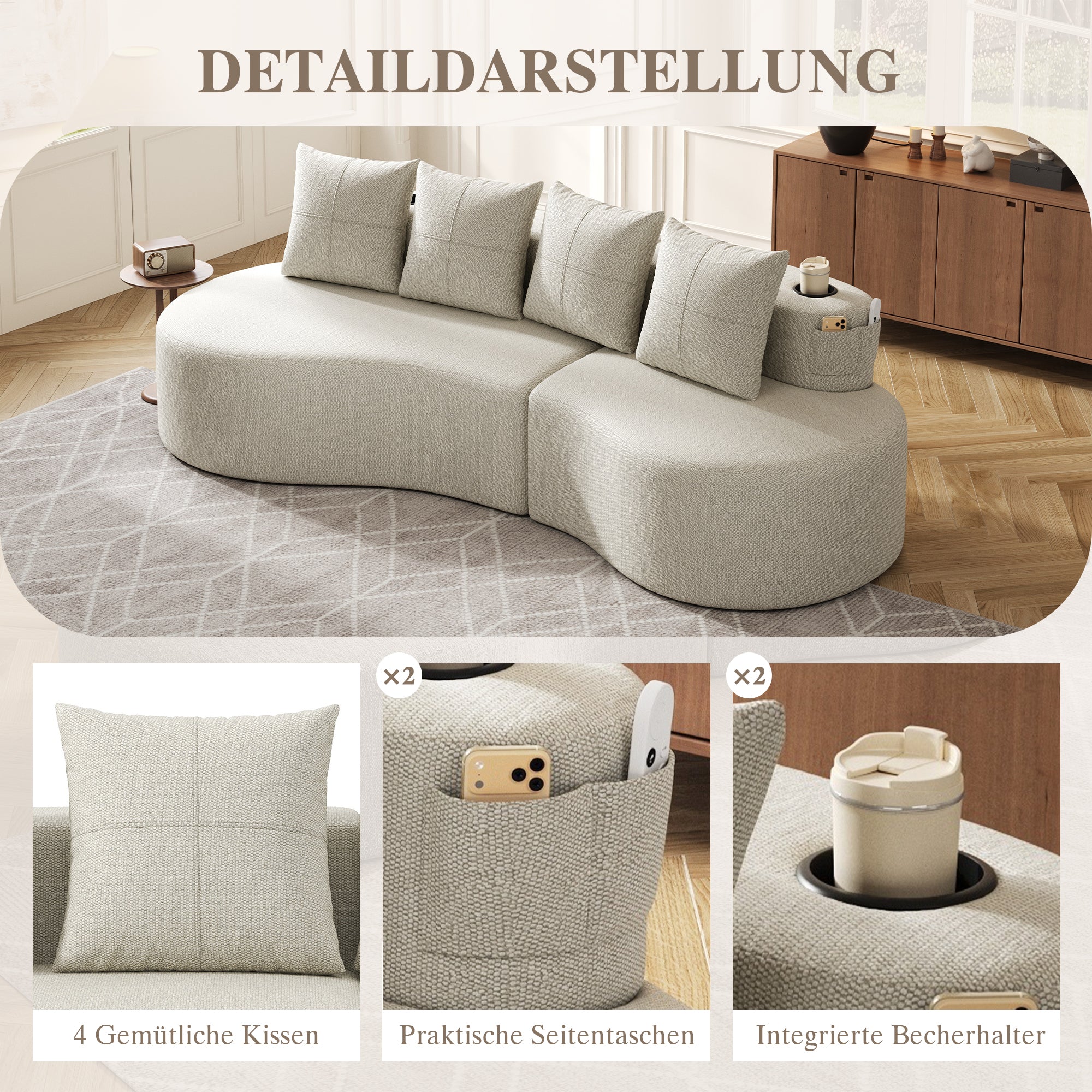 Linen Sofa with 4 Cushions, Cup Holder and Side Pocket, Beige