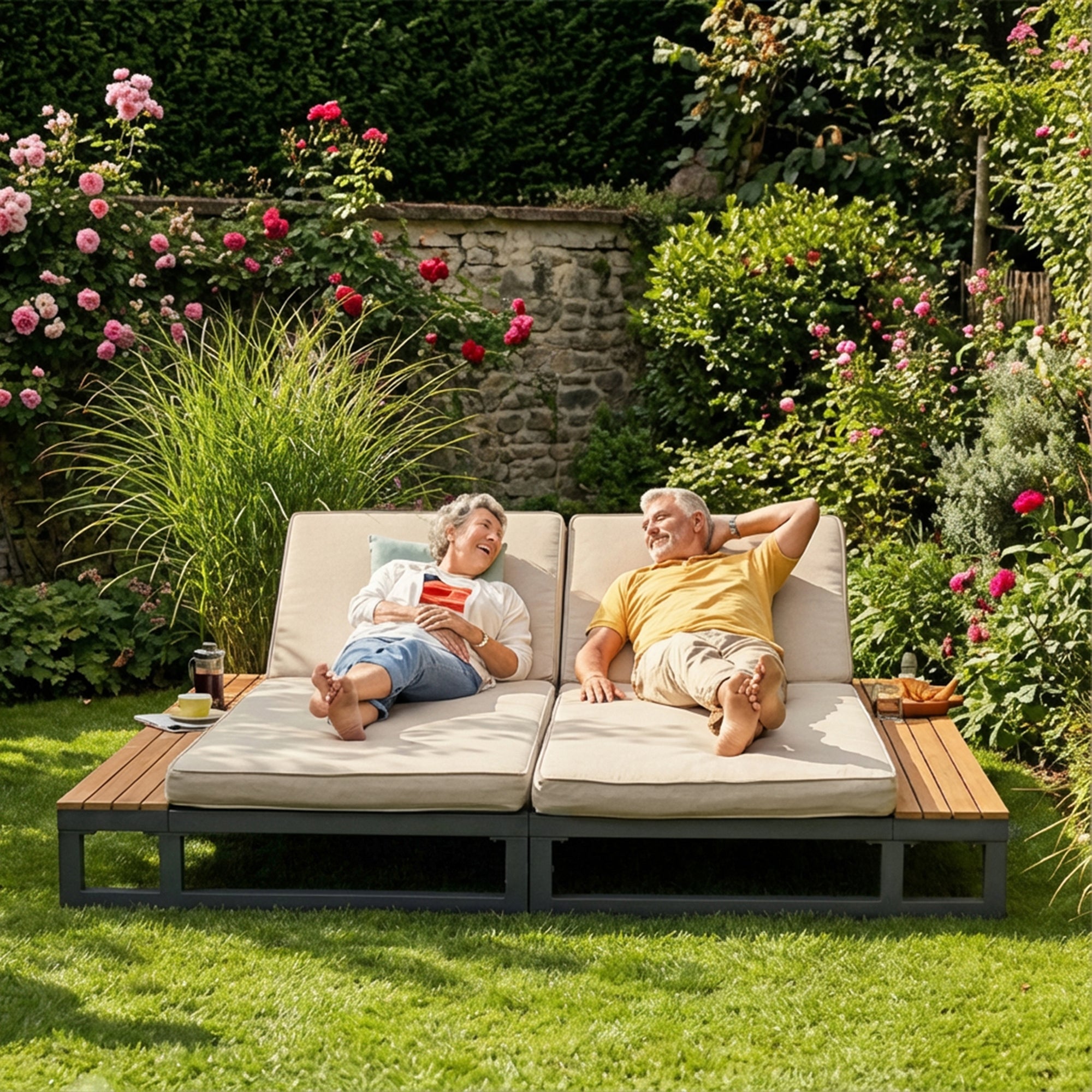 Outdoor Patio Daybed with Adjustable Backrest and Shelves, Waterproof Double Lounge Bed, Beige