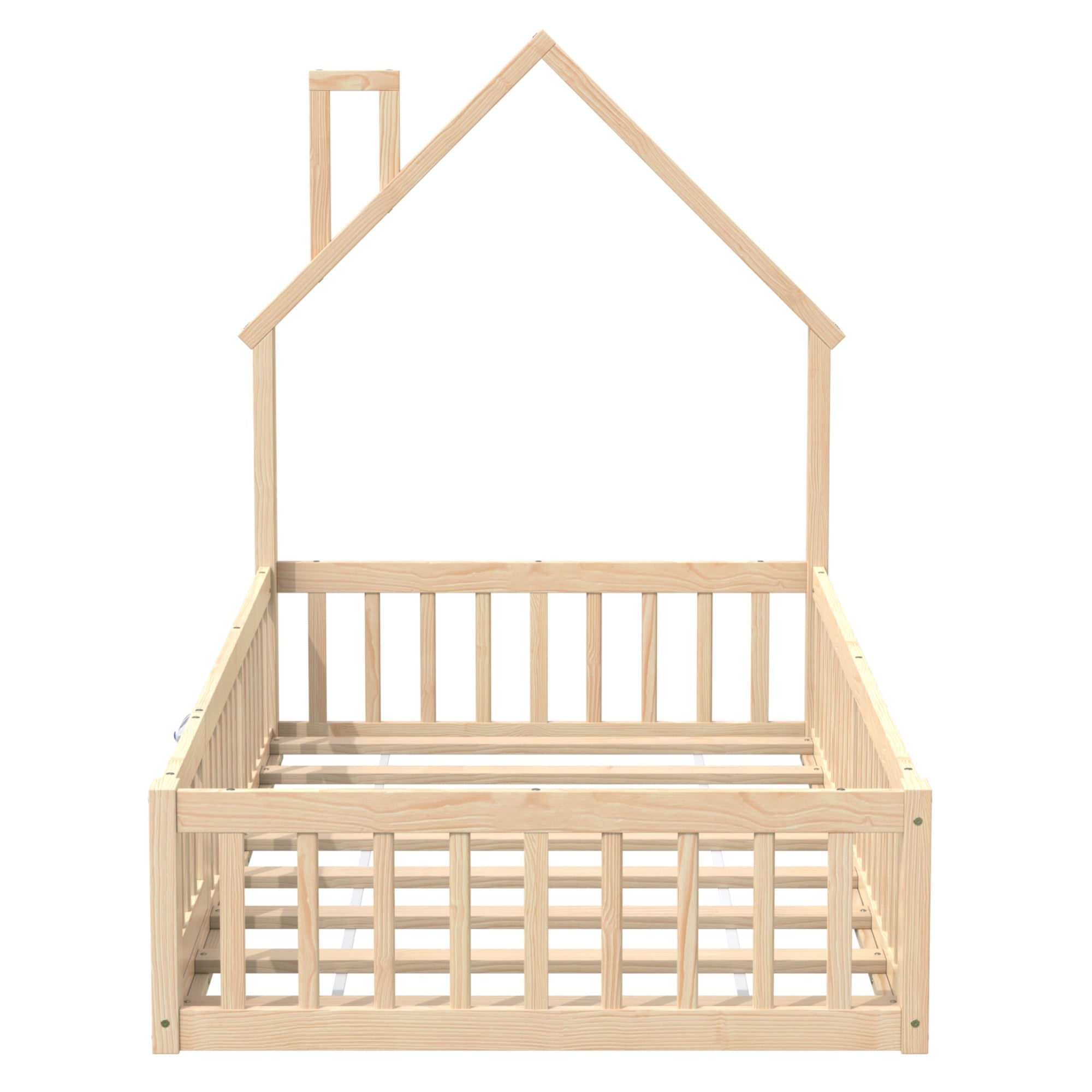 House Bed with Chimney Shape and Slatted Base, 90x200cm, Natural Pine Wood