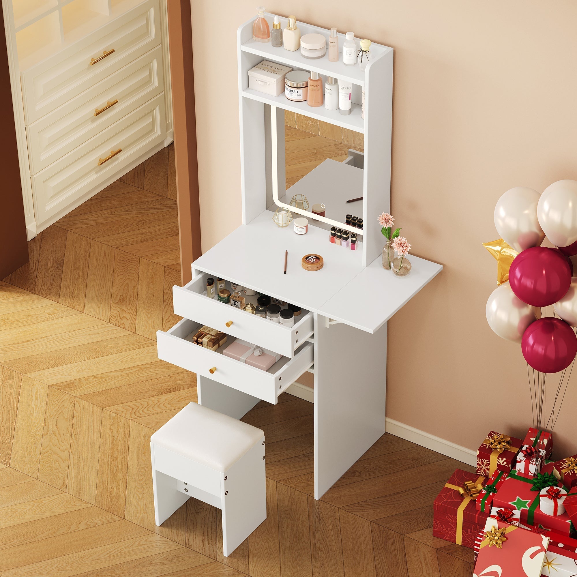 Small dressing table with adjustable LED lighting, stool, 2 drawers, 2 open compartments, and 22cm foldable tabletop, white