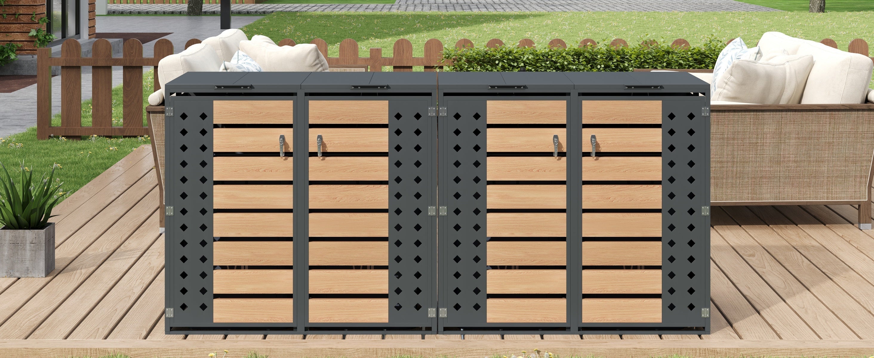 Garbage Can Storage Box with Hinged Lid, Lockable Four Doors, and Diamond-Shaped Hollow Panels, Metal