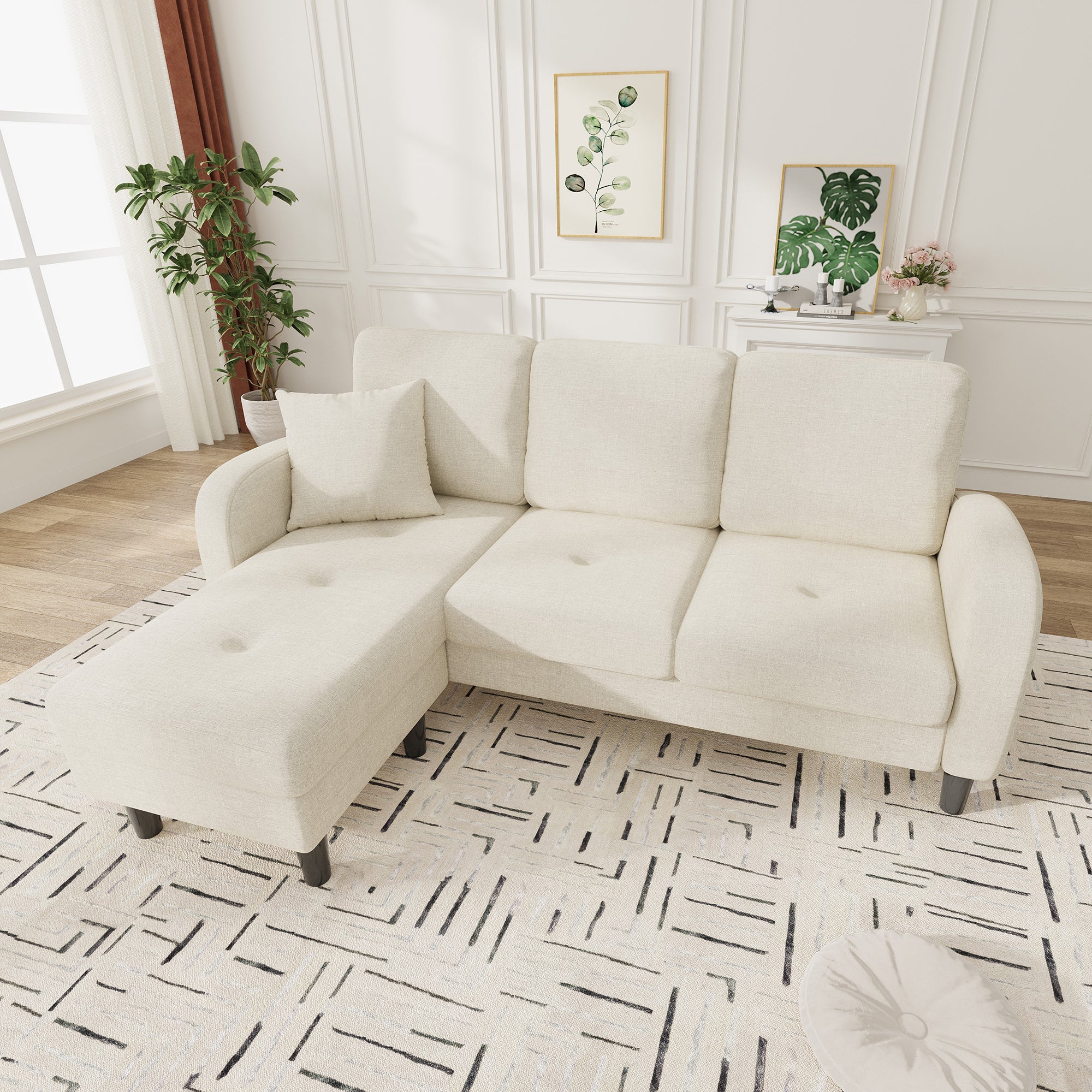 L-Shaped Corner Sofa 3-Seater Chaise Lounge Modular - Cotton-Linen