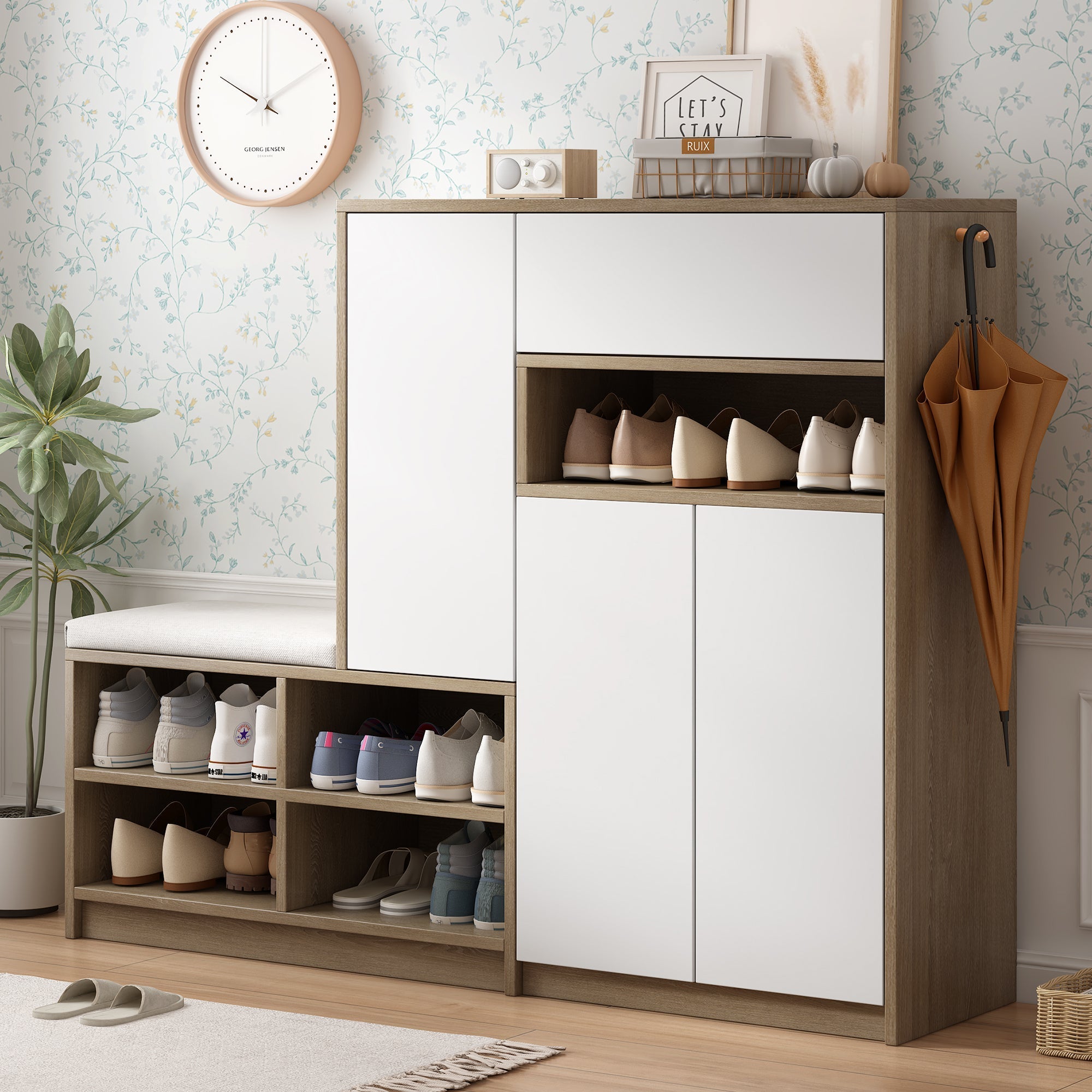 Shoe Storage Bench and Cabinet with Padded Seat, Adjustable Shelves, white