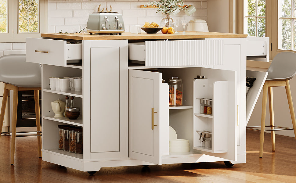 Kitchen Island with Wheels Waste Bin Storage 2 Doors 3 Drawers