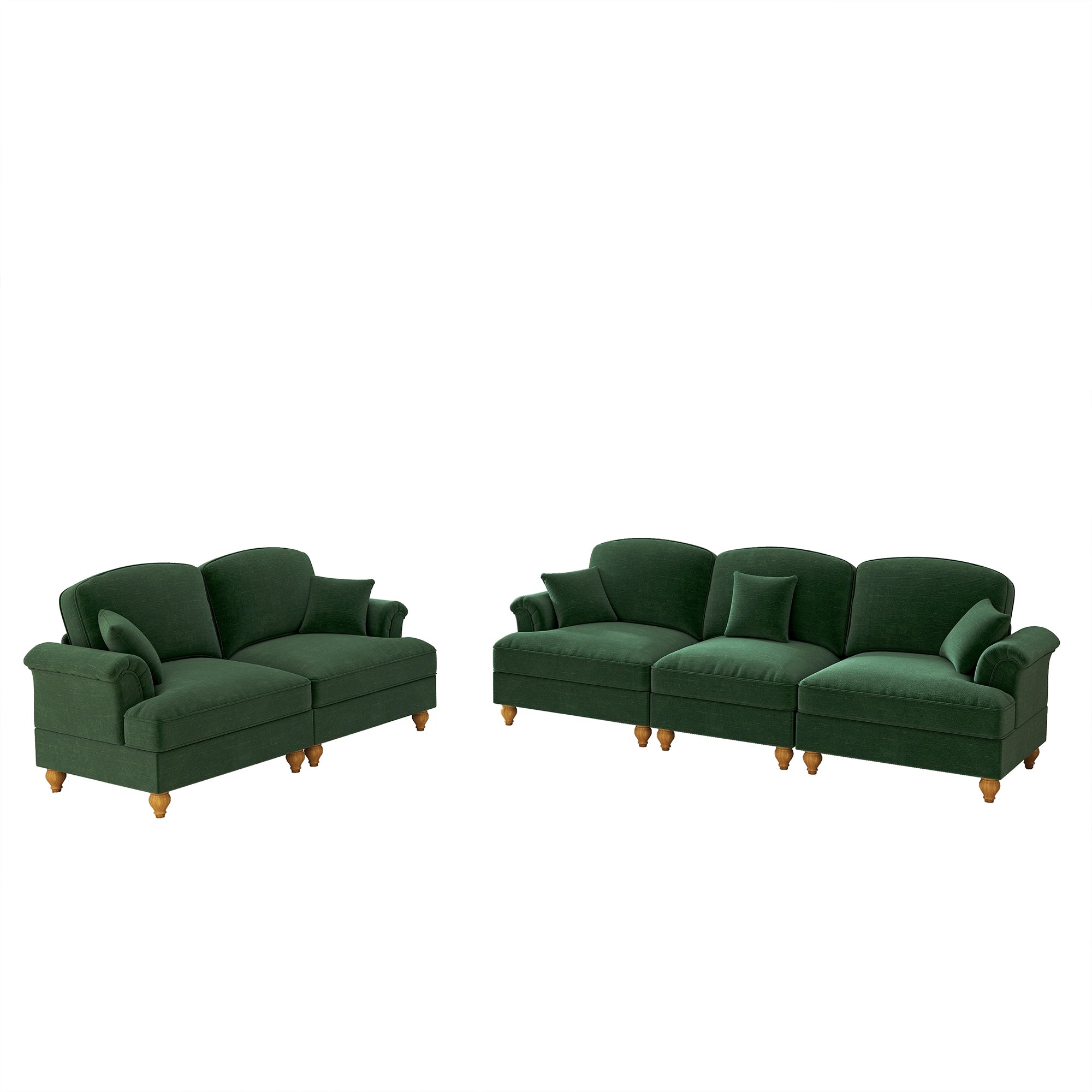 Classic 2-Piece Modular Sofa Set 3-Seater & 2-Seater Loveseat Ruffled Spindle Legs - Chenille Green