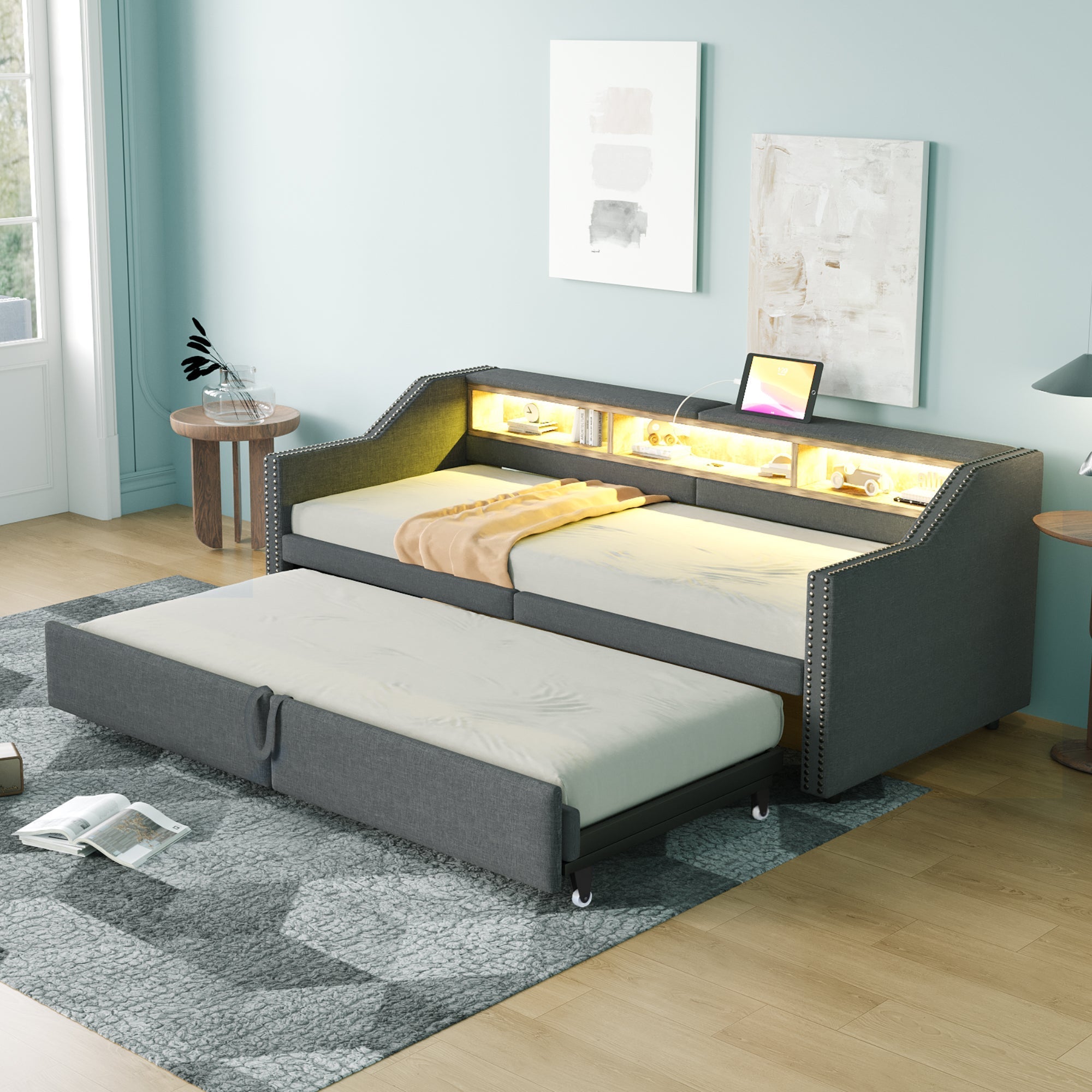 Upholstered Bed, Pull-Out Sofa Bed with Storage, LED Light, USB Port, Slatted Frame, Dark Grey
