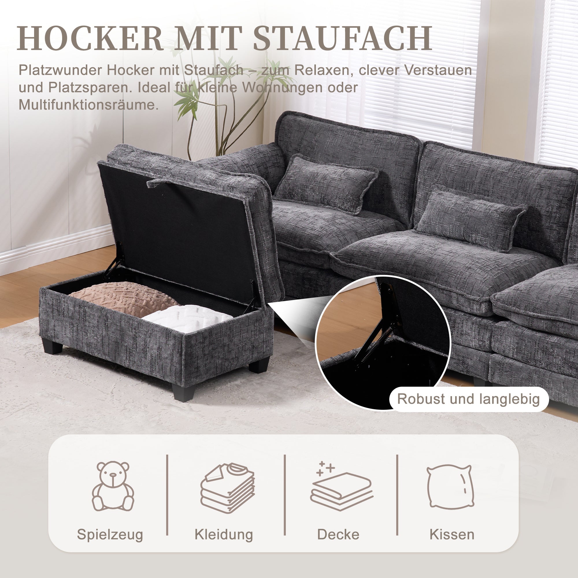Modern 2-Seater Sofa USB Port Storage Footstool Memory Foam - Chenille Grey