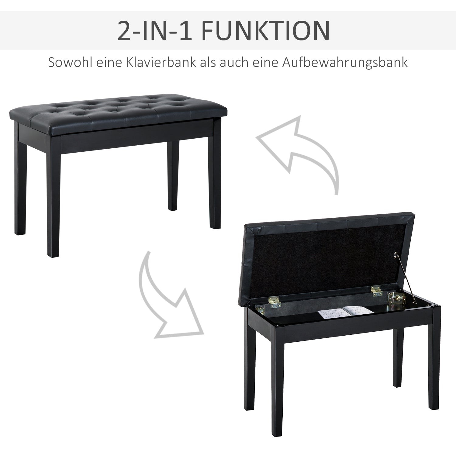 Piano Stool Bench with Storage, Rubber Wood Black Faux Leather