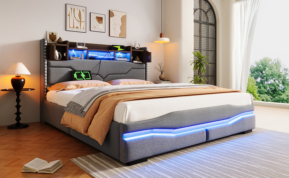 Upholstered Bed 160x200cm Hydraulic Storage LED USB-C Headboard Grey