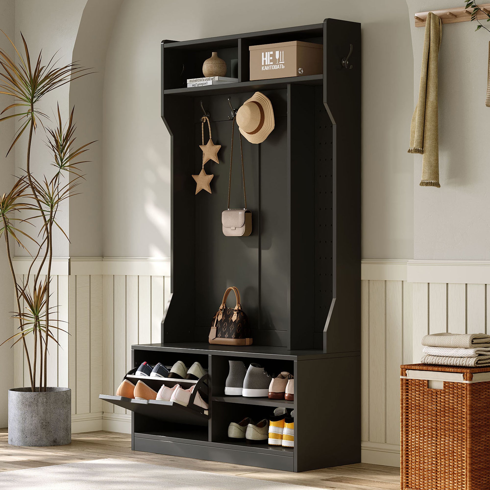 Wardrobe Set Hallway Bench Storage 6 Hooks Black