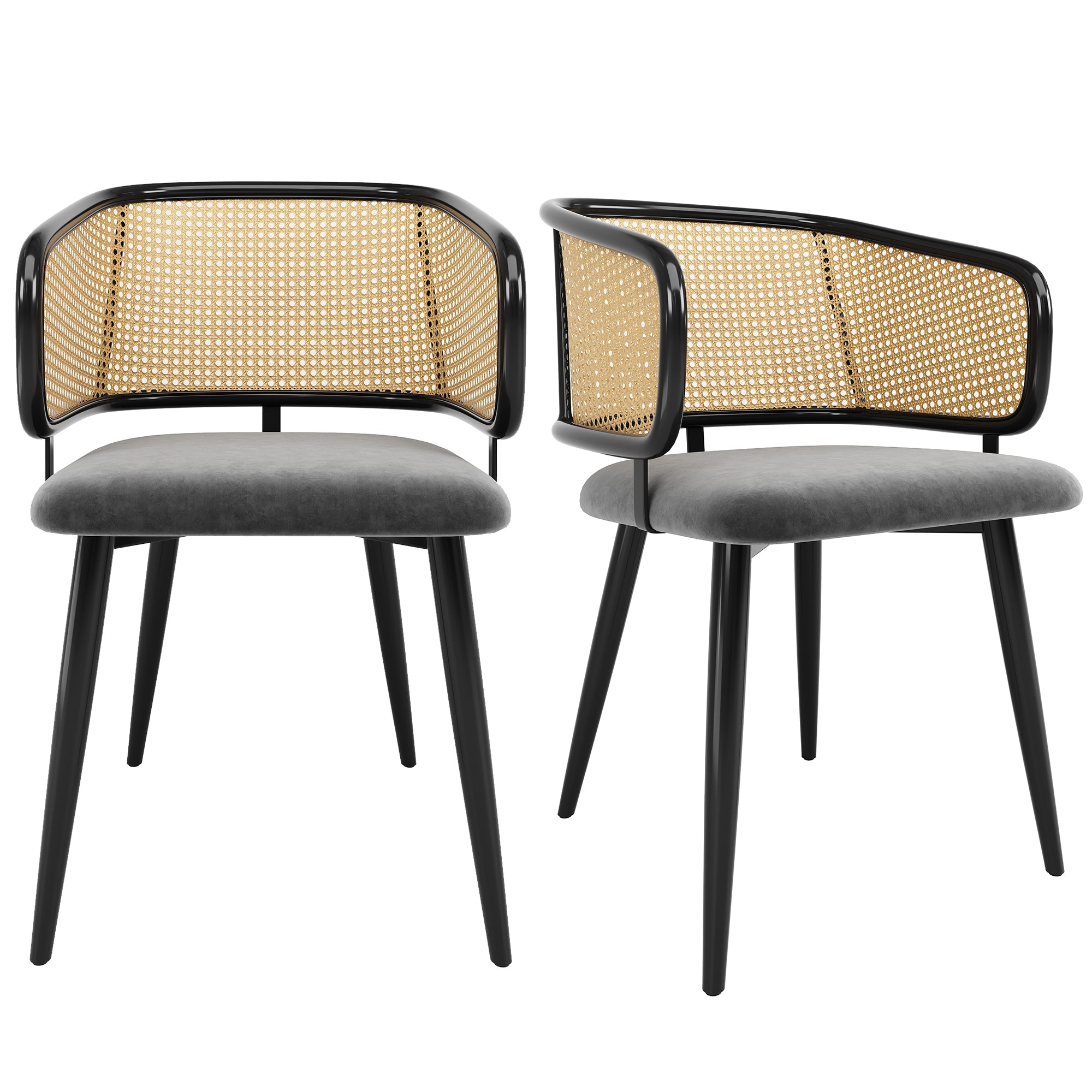 2 Dining Chairs Rattan Back Velvet Seat - Modern Style