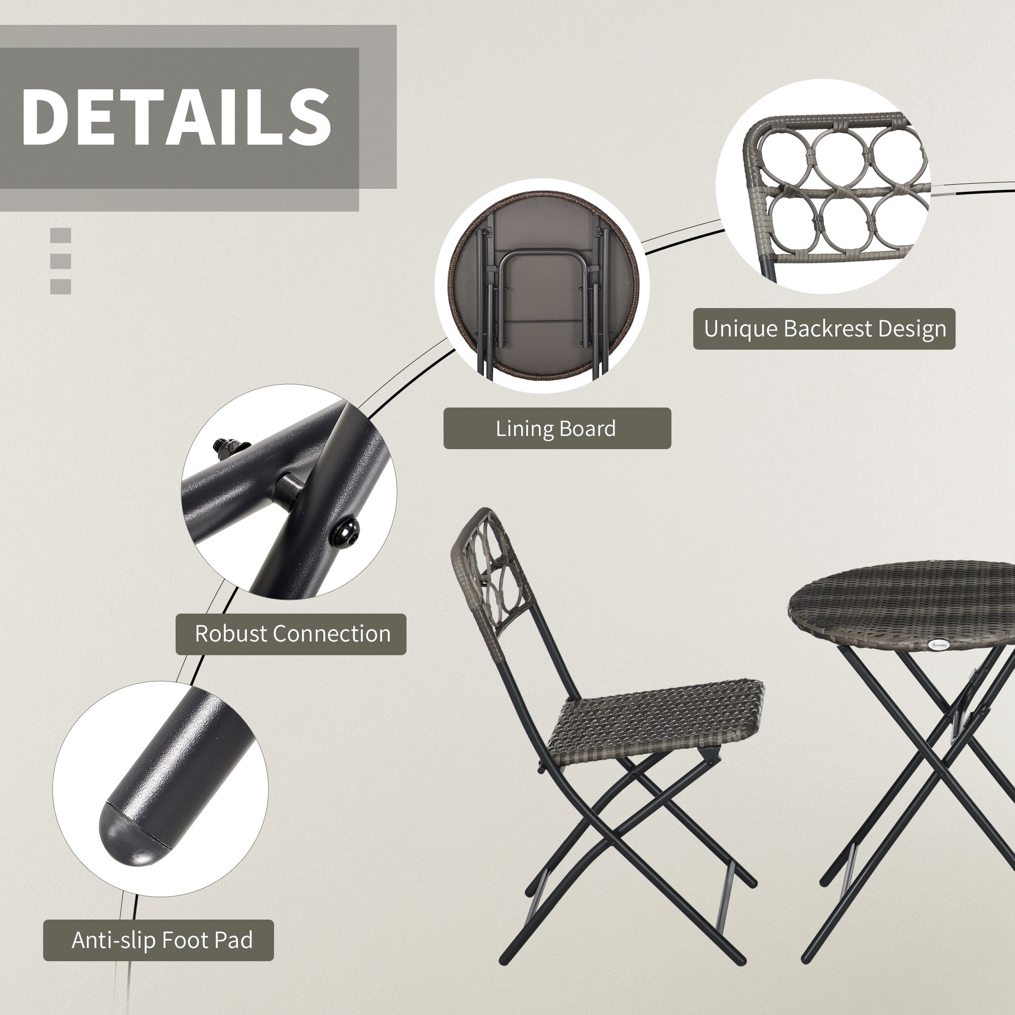 3 Piece Bistro Set, Wicker Folding Garden Furniture, Grey