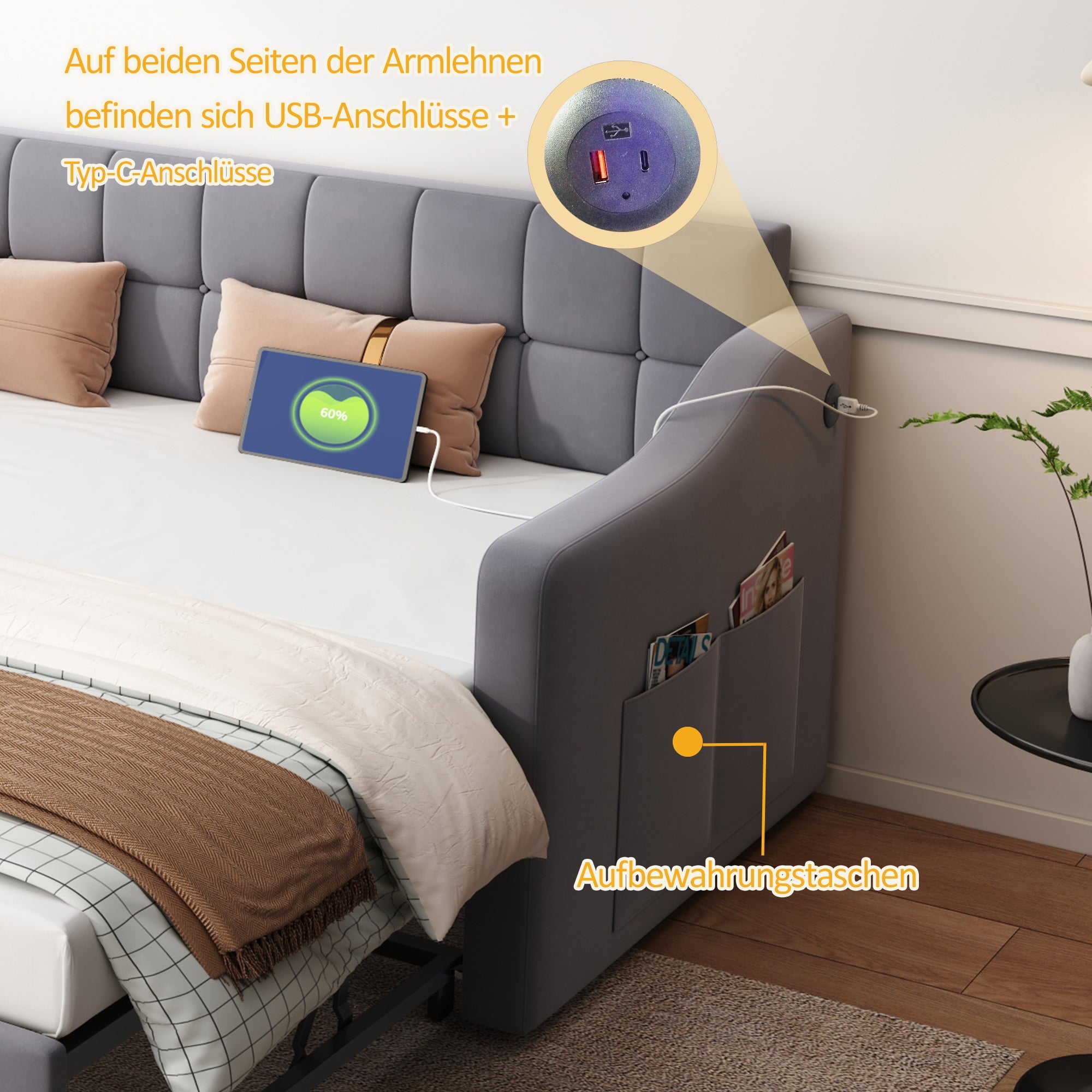 Upholstered Bed Sofa, 2-in-1 Multifunctional with Socket & Storage, Gray Velvet