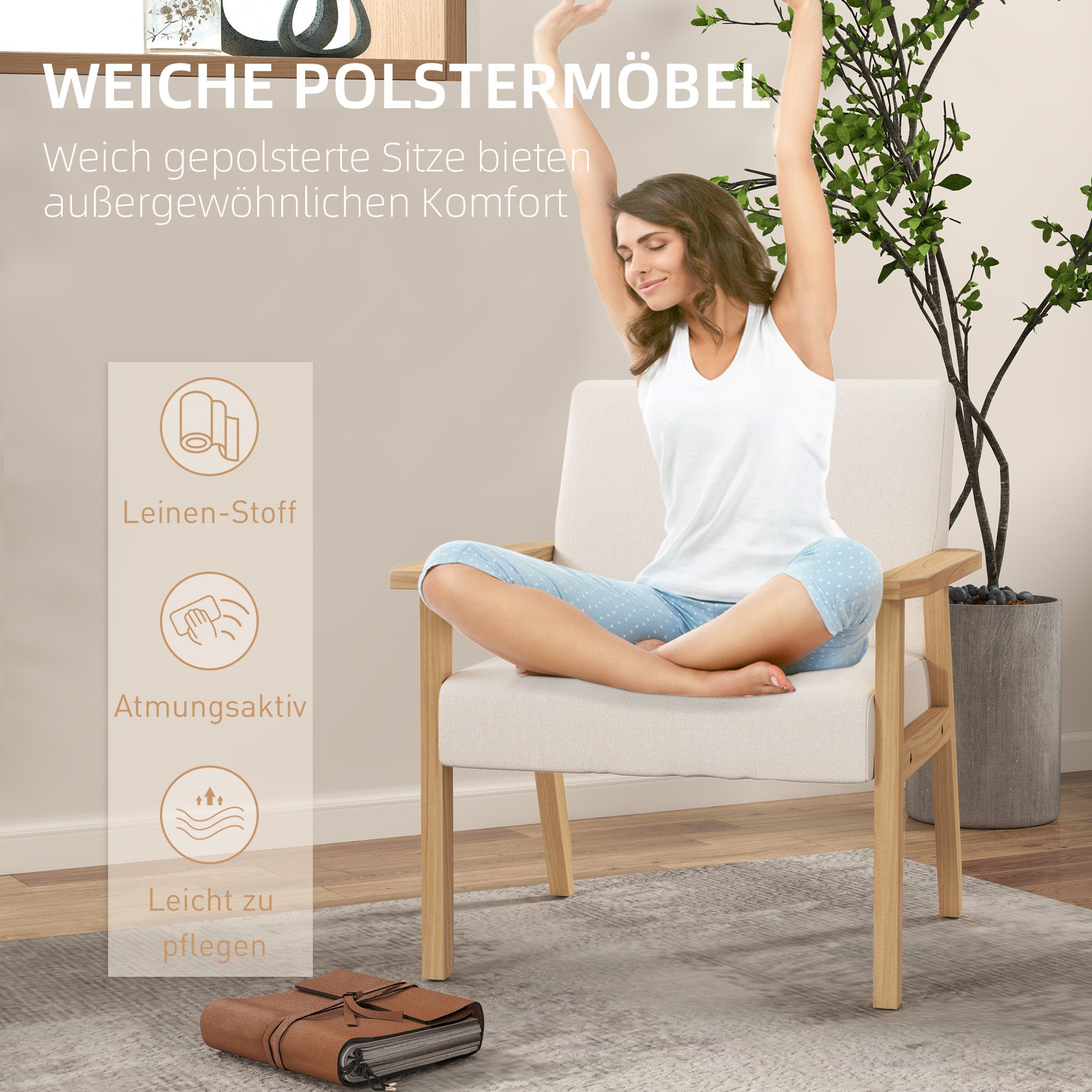 Loungesessel mit Armlehnen, Esszimmer, entspannend, gepolstert, Cremeweiß