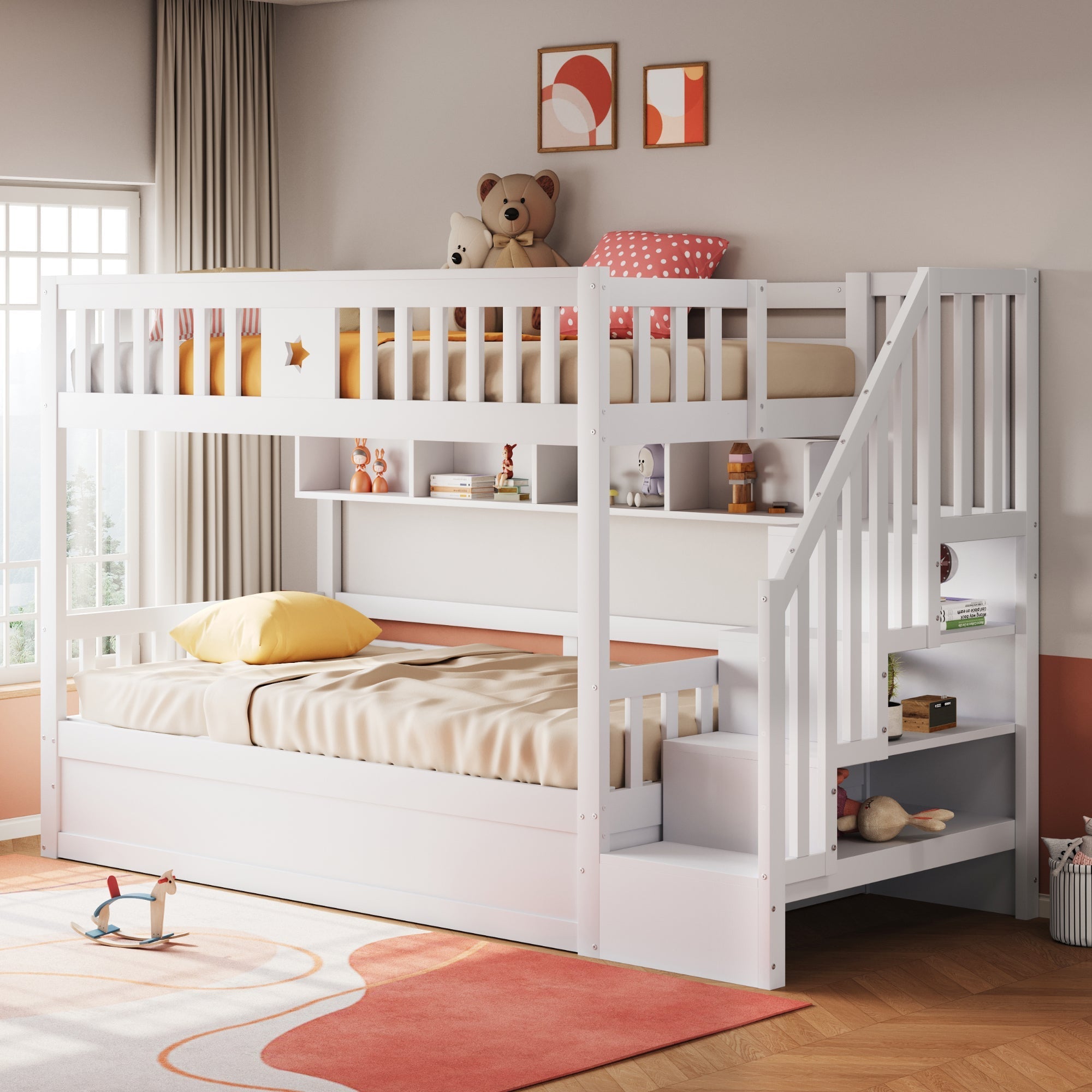 Wooden Bed 90x200cm, Hydraulic Storage, Stairs, Shelves, Loft/Bunk/Youth Bed, White