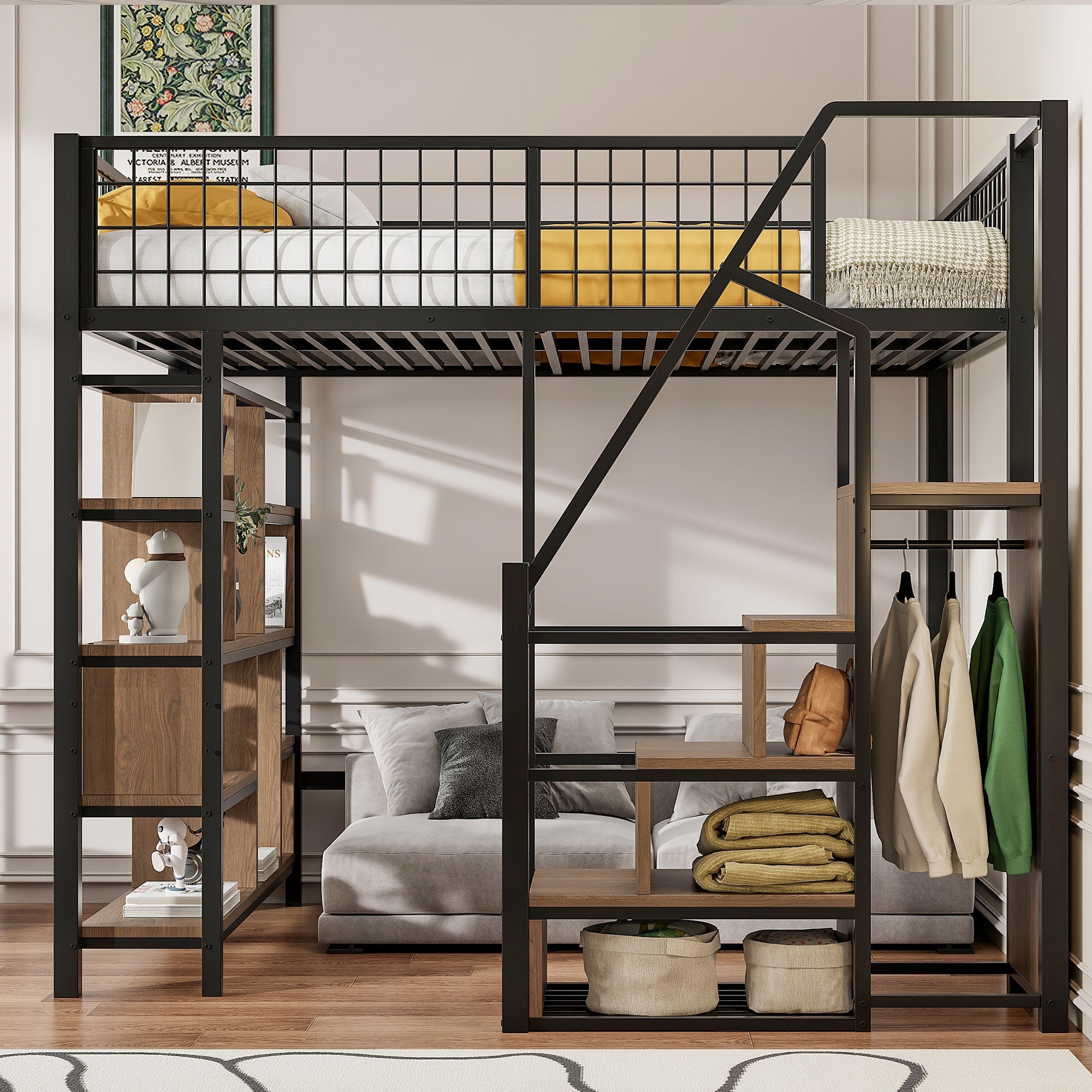 Loft Bed, Multifunctional with Storage & Stairs, 140x200 cm, Metal Black