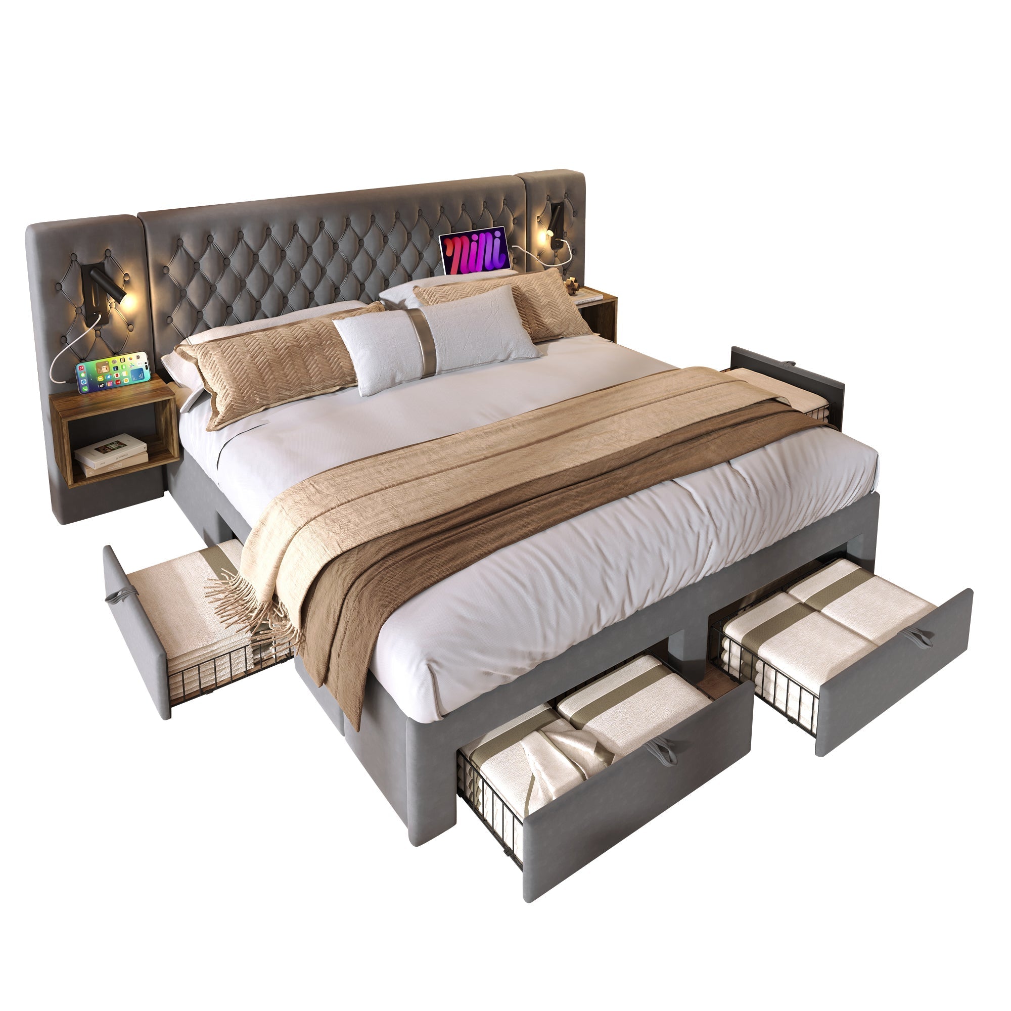 Bedroom Set, Upholstered Double Bed with 2 Nightstands & 4 Drawers, USB Reading Light, Gray Velvet
