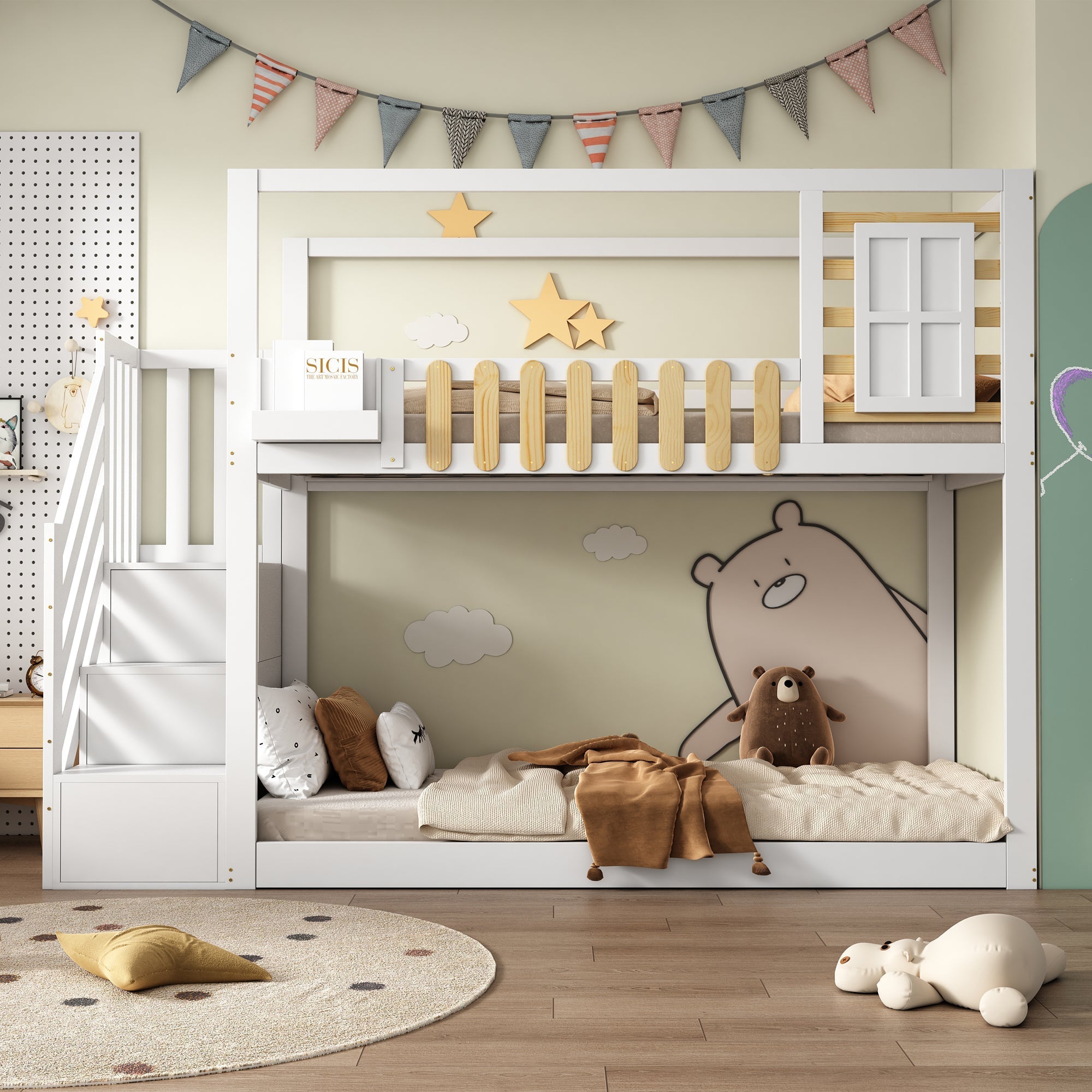 Bunk Bed with Stairs, Window & Shelf, Pine, White 90x200cm