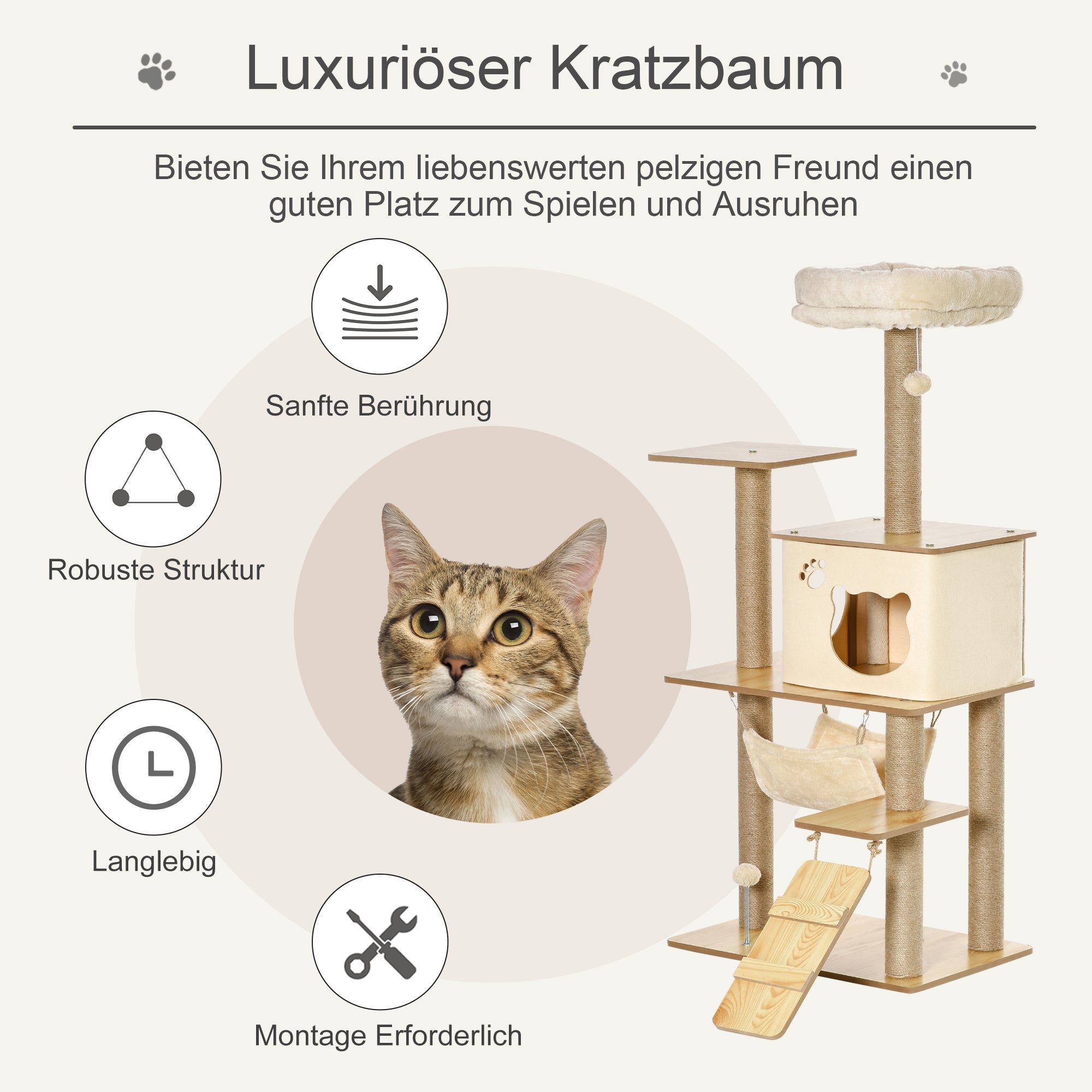 Cat Tree Wood with Climbing & Cave, Jute Posts, 60x40x130cm, Yellow
