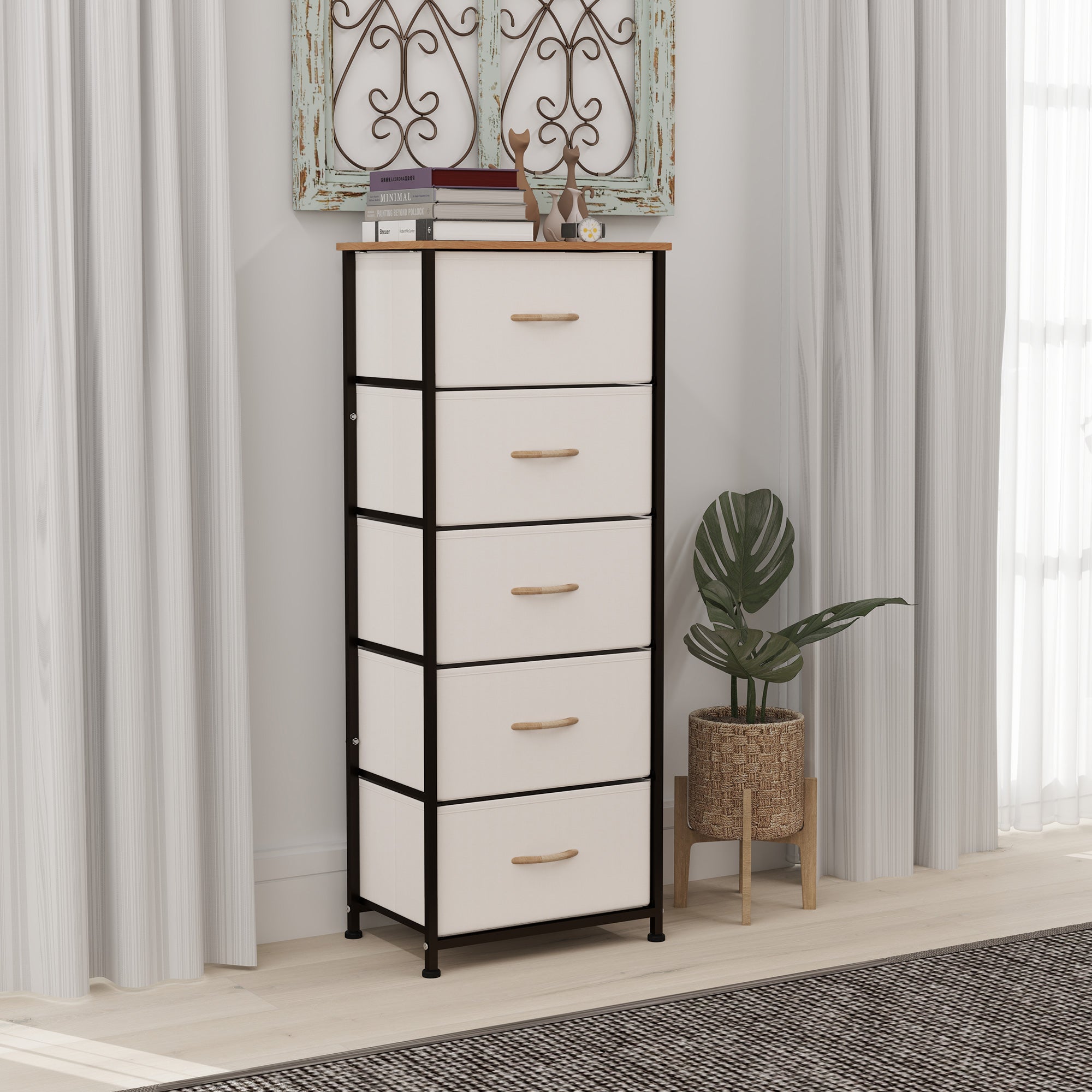 Fabric Chest of Drawers, Industrial 5 Drawer Dresser with Steel Frame, Cream White