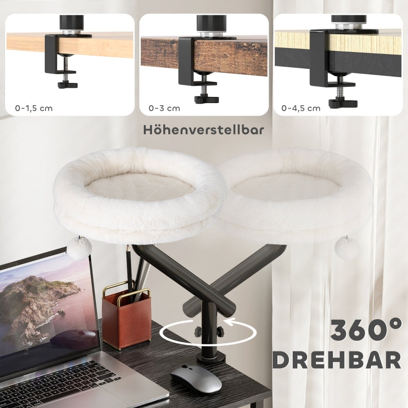 Cat Desk Bed, 360° Rotation, Adjustable Height, Washable, Cream White