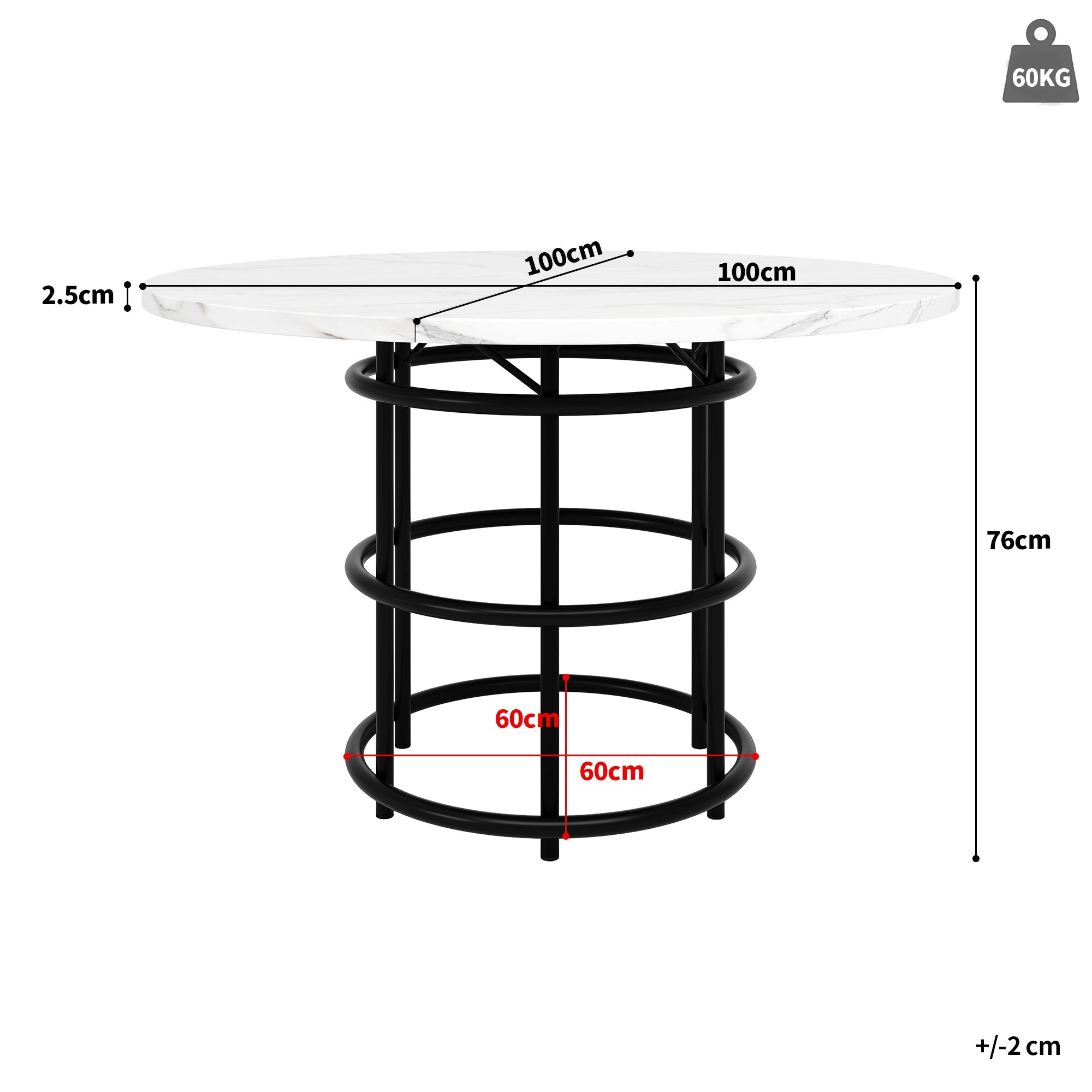 Round Dining Table 100x100cm 4-6 Seater Marbled MDF Metal Legs - Black