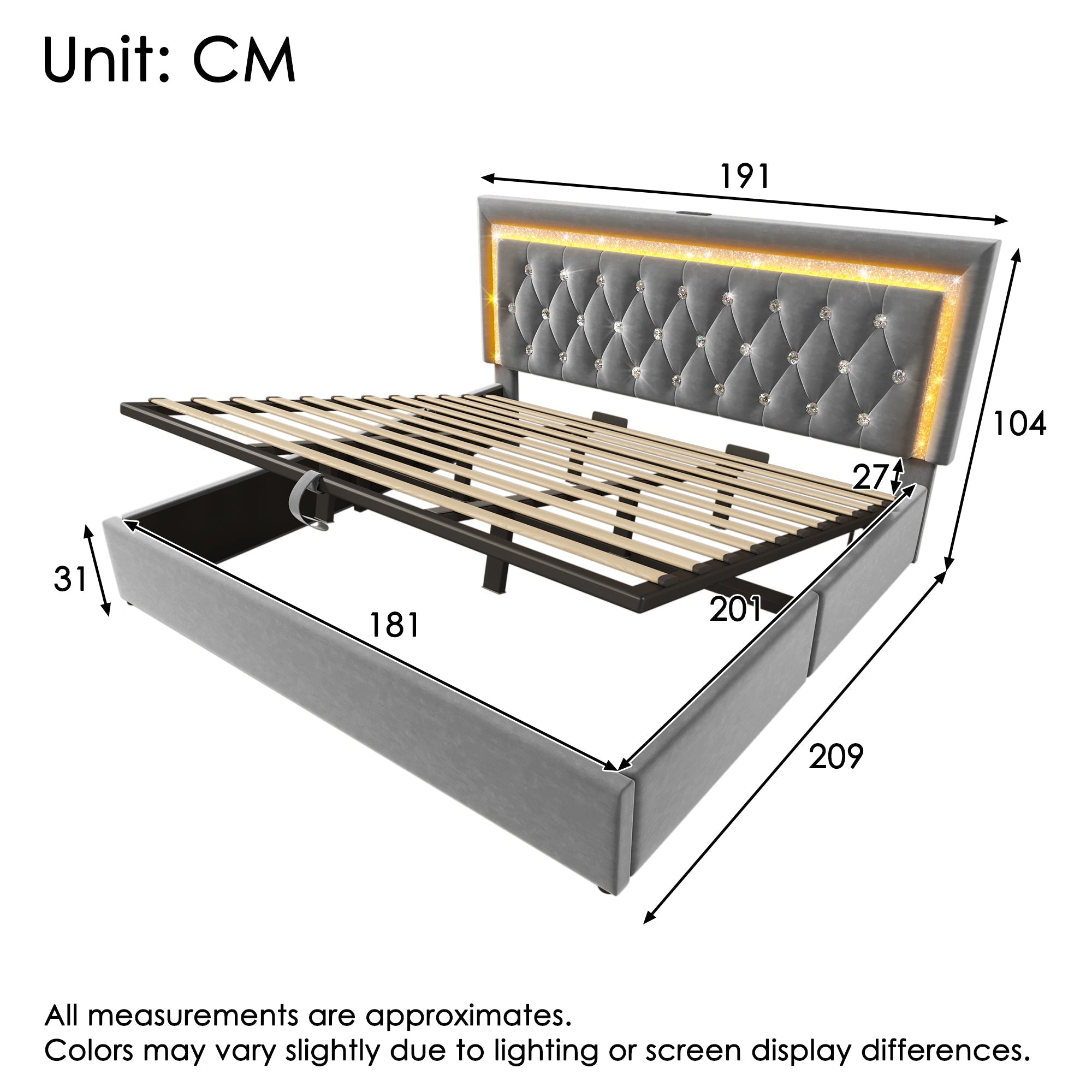 Upholstered Double Bed 180x200cm Hydraulic Storage LED USB/Type-C - Velvet Grey