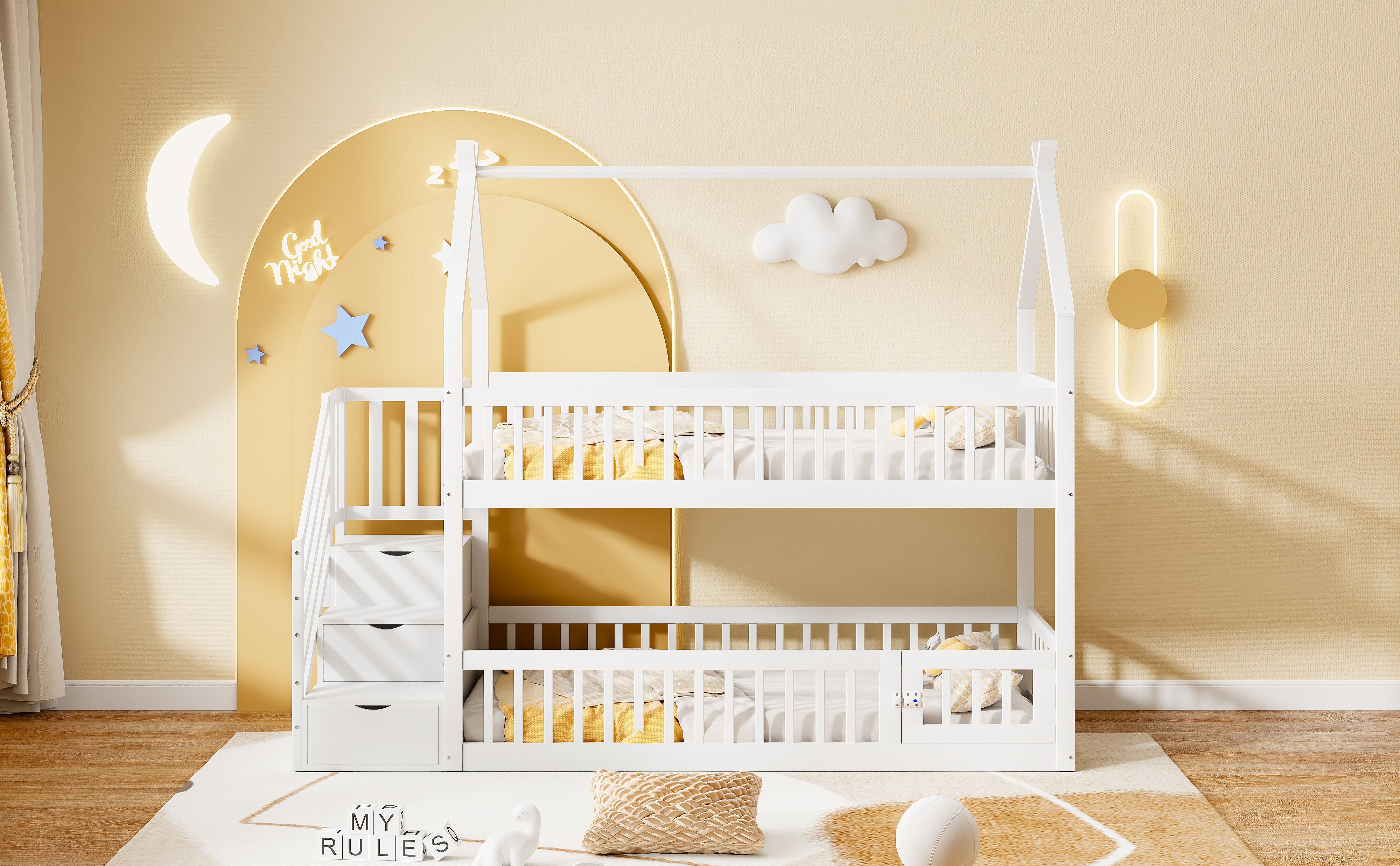Children's Bunk Bed, 90x200, with Roof, Safety Ladder & Storage Drawers, Solid Wood White