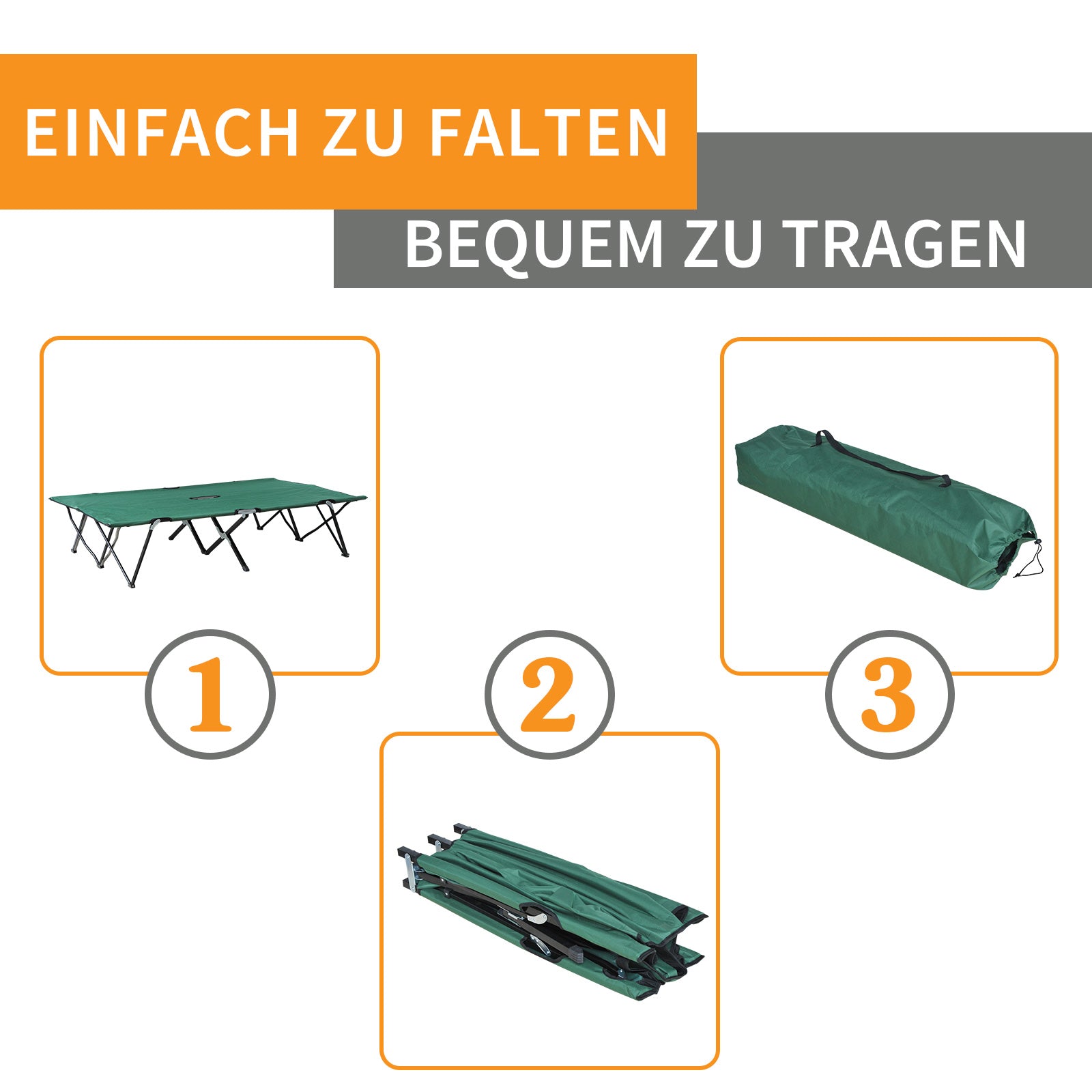 Feldbett, 2 Personen, klappbar mit Tragetasche, Oxford Grün Schwarz