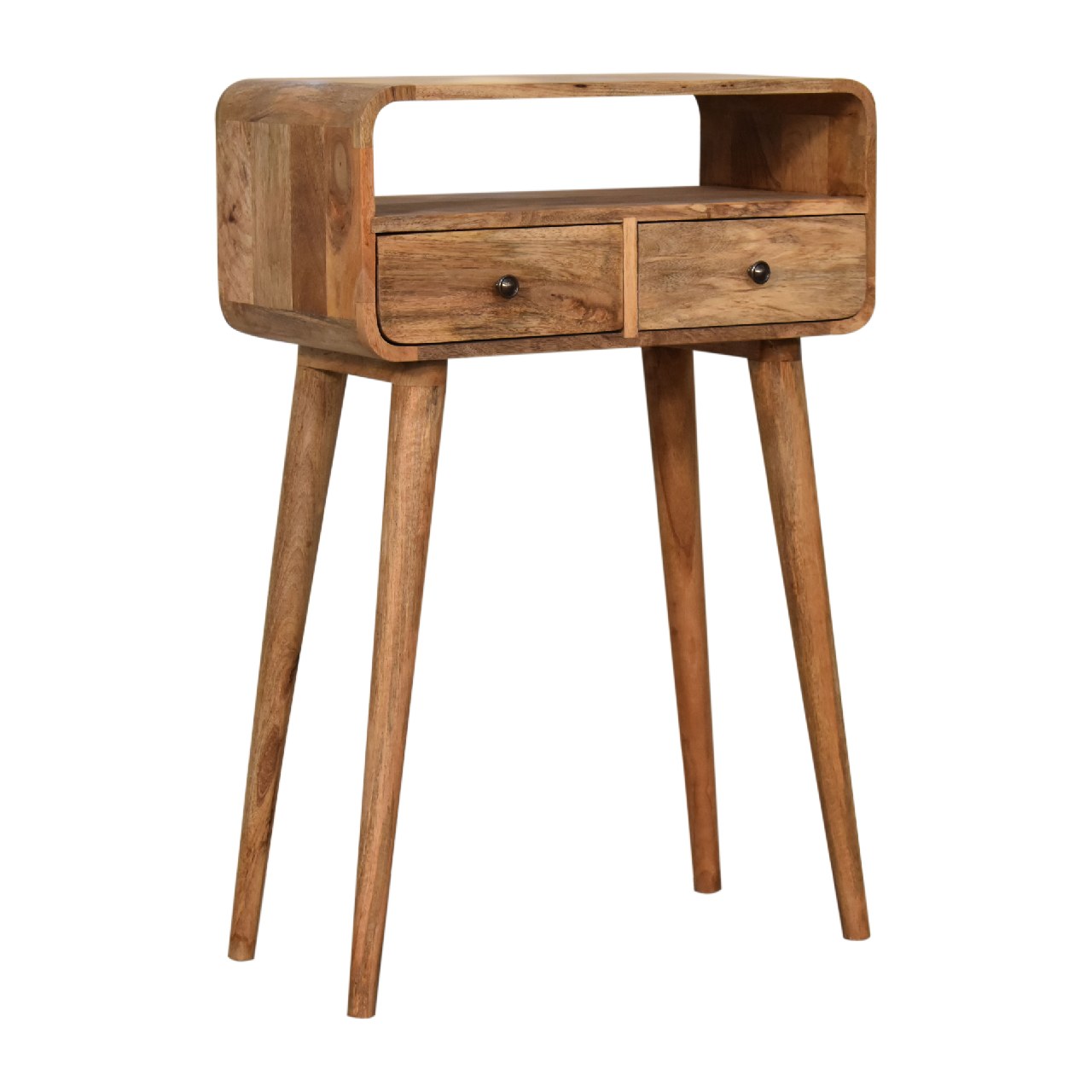 Solid Wood Console Table, Mini Curved with 2 Drawers & Open Slot, Brown Oak-ish