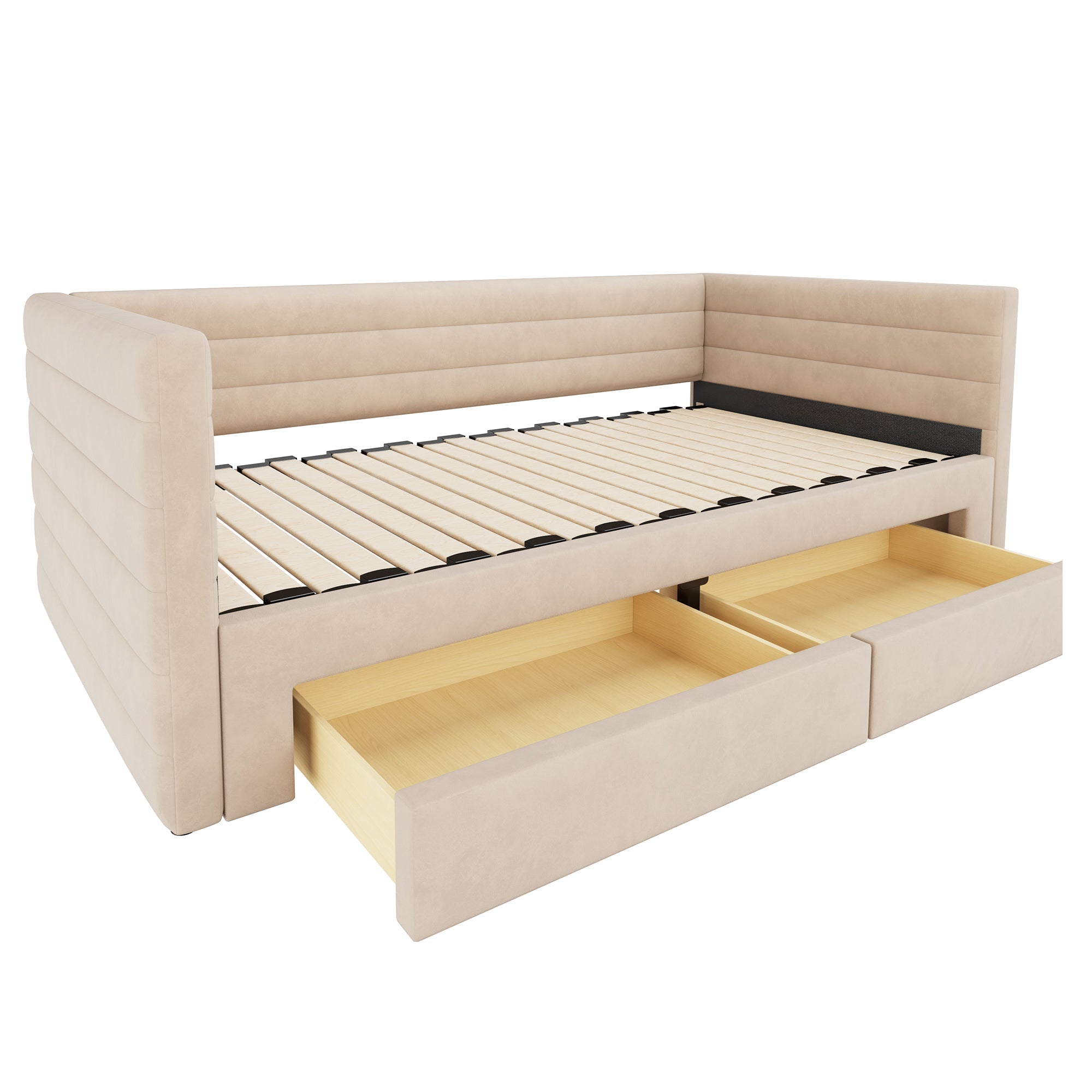 3-in-1 Upholstered Sofa Bed with Drawers and Slatted Base, Cotton and Linen, Beige