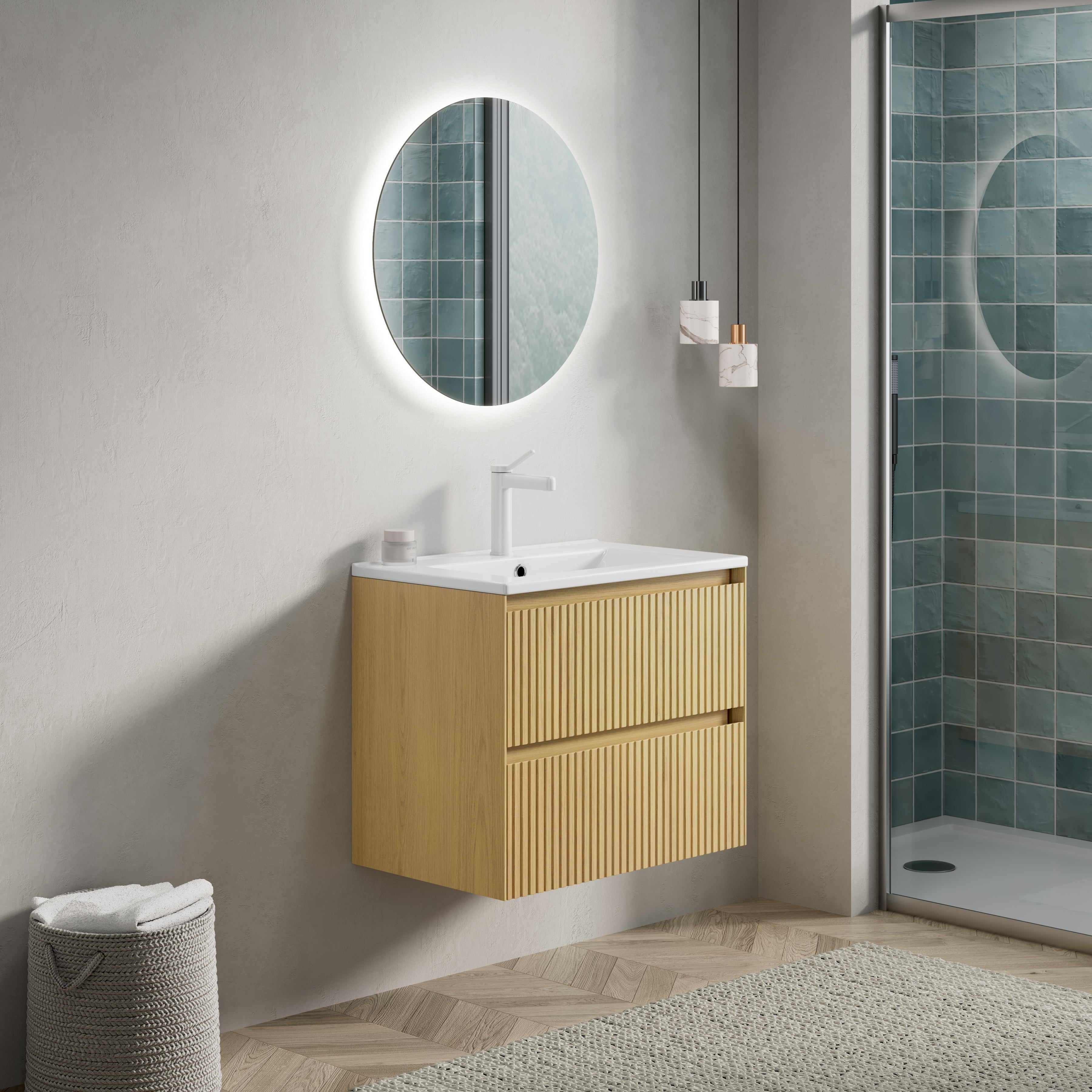 Wall-mounted Bathroom Vanity Unit with Ceramic Sink and 2 Drawers, Collora Wood Grain