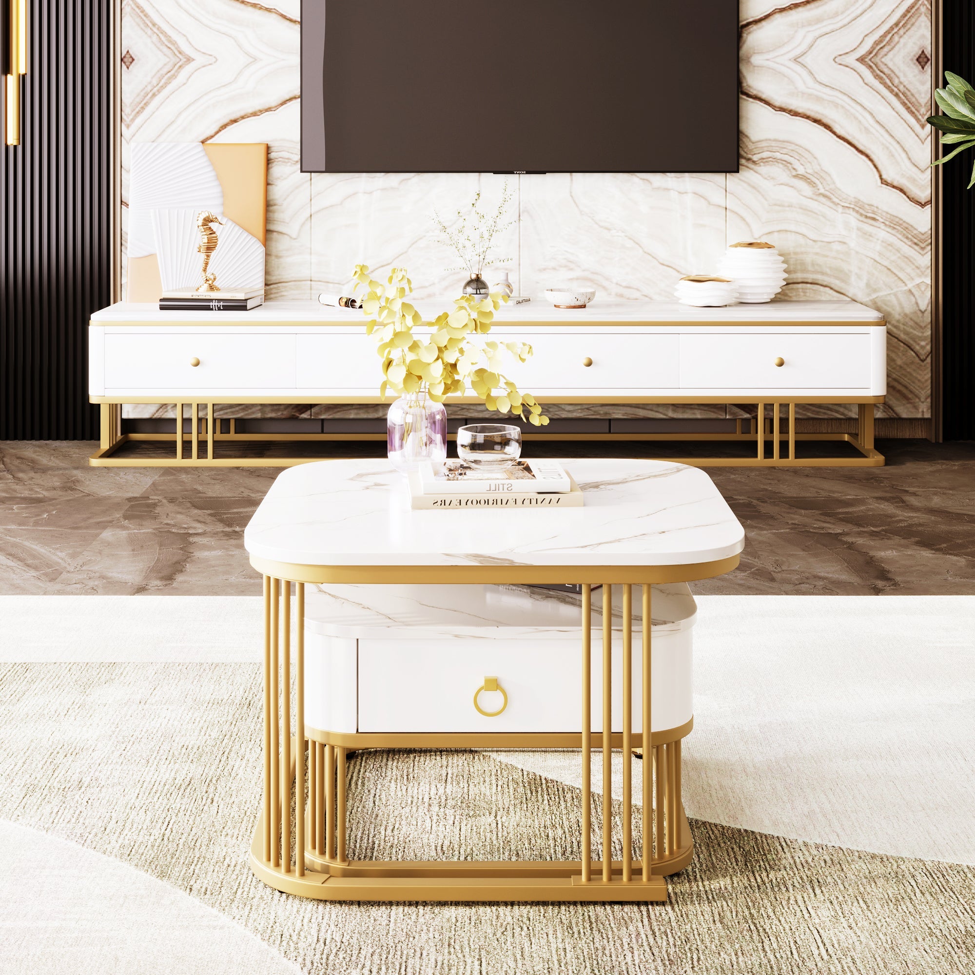 Stackable Coffee Table: Marble Look, Gold Accents, Two-Piece Set