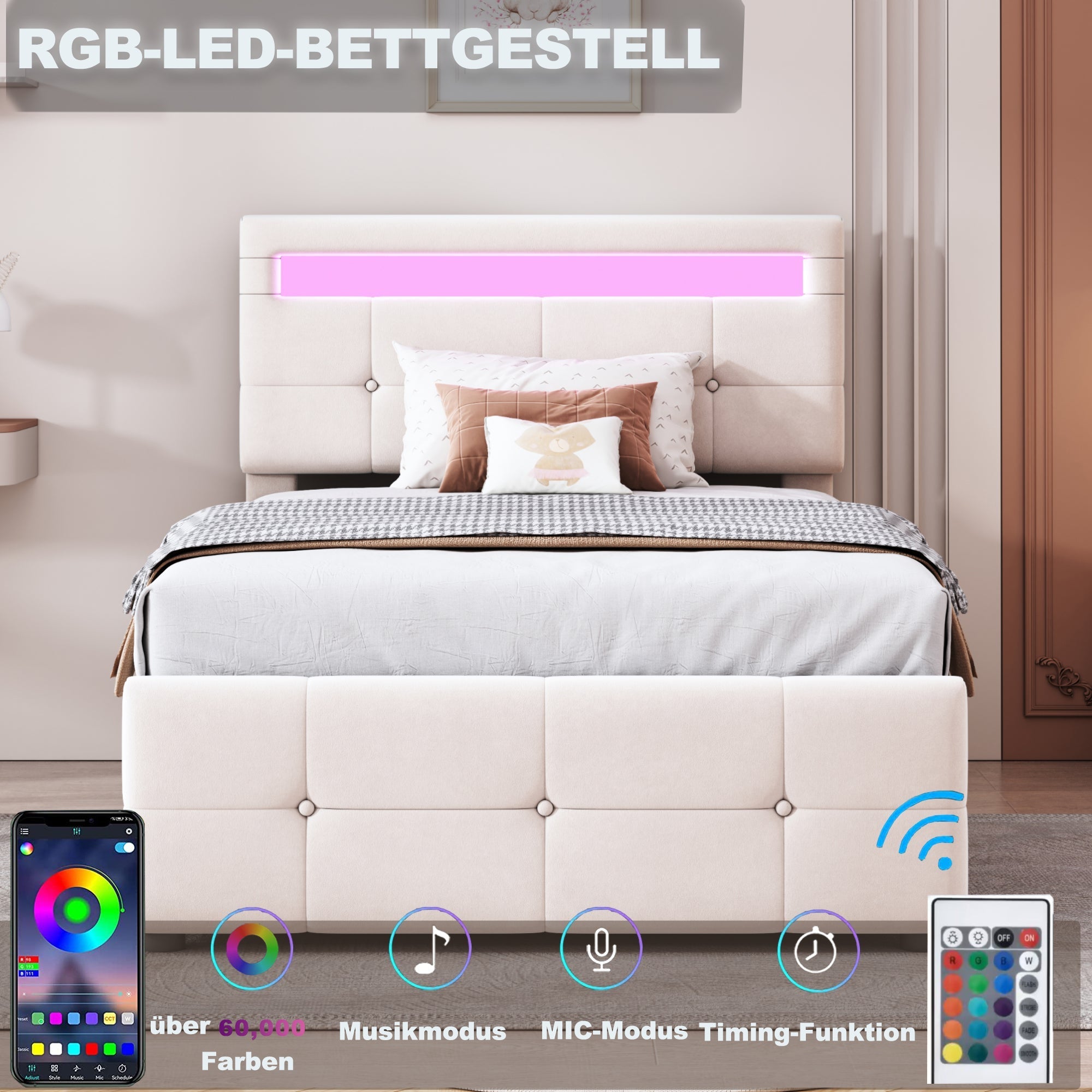 Upholstered Children's Bed with LED Lighting and Hydraulic Storage, Velvet Beige/Grey