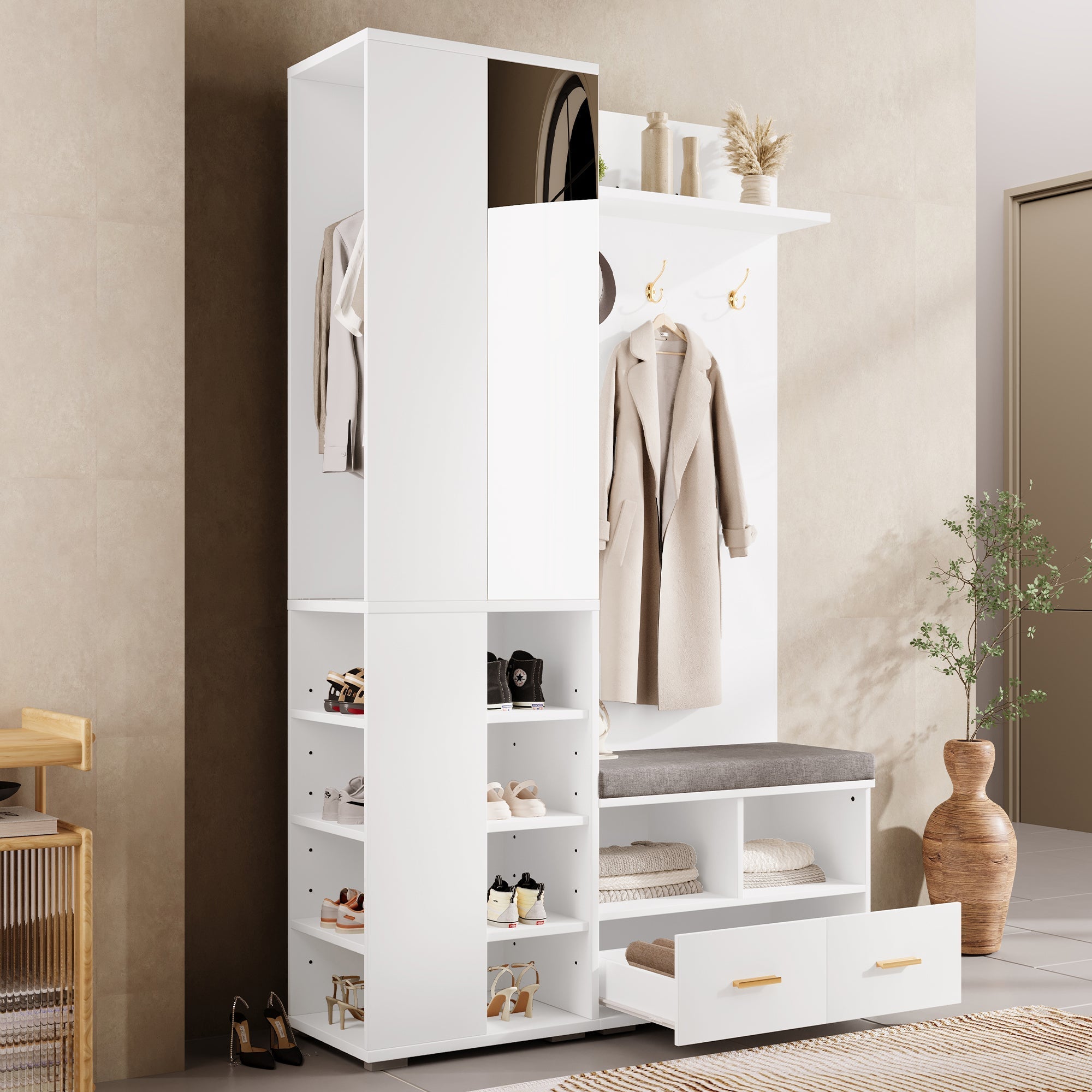 Wardrobe Set Hallway Cabinet Mirror Shoe Bench Clothes Rail 2 Drawers White